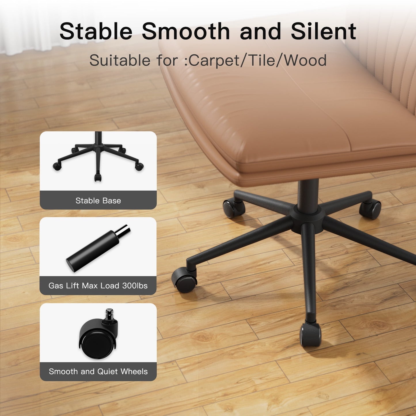 PU Armless Office Desk Chair with Wheels,PU Leather Cross Legged Wide Chair,Mid Back Adjustable Swivel Computer Task Chairs Vanity Chair for Home,Office(Brown) - Walmart.com