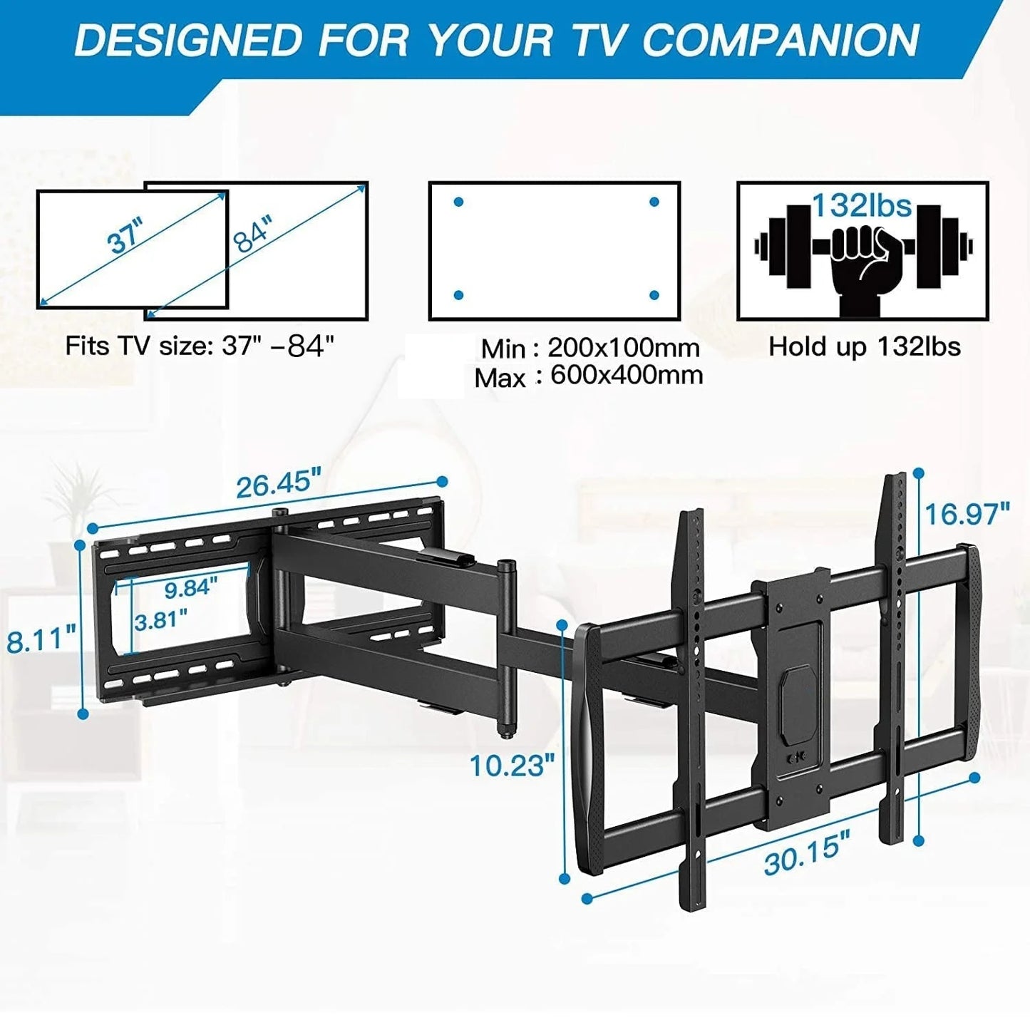 MountFTV Full Motion Long Arm TV Wall Mount for 42-90 inch TVs, TV Mount with 42.72 inch Extension Articulating Arm Swivel and Tilt, Max 800x400mm, Holds up to 150 lbs