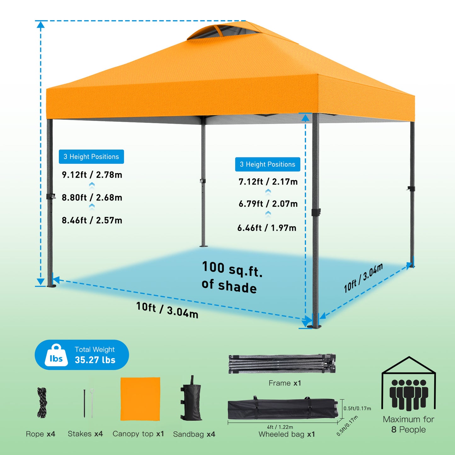 CHITOOMA 10 x 10ft Pop up Canopy Tent, Instant Outdoor Shelter Easy Portable Straight Leg Canopy Tent, Orange