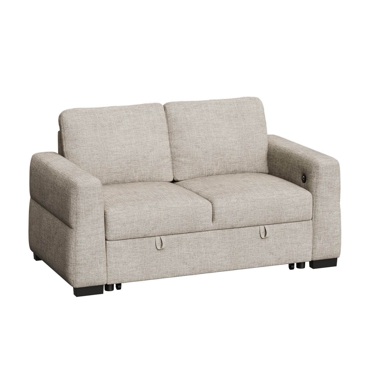 CHITOOMA 60'' Linen Pull Out Sofa Bed Convertible Sleeper Couch with Charging Port, Upholstered Sectional Sofa with 2 Pillows, Reclining Sofas for Living Room, Beige