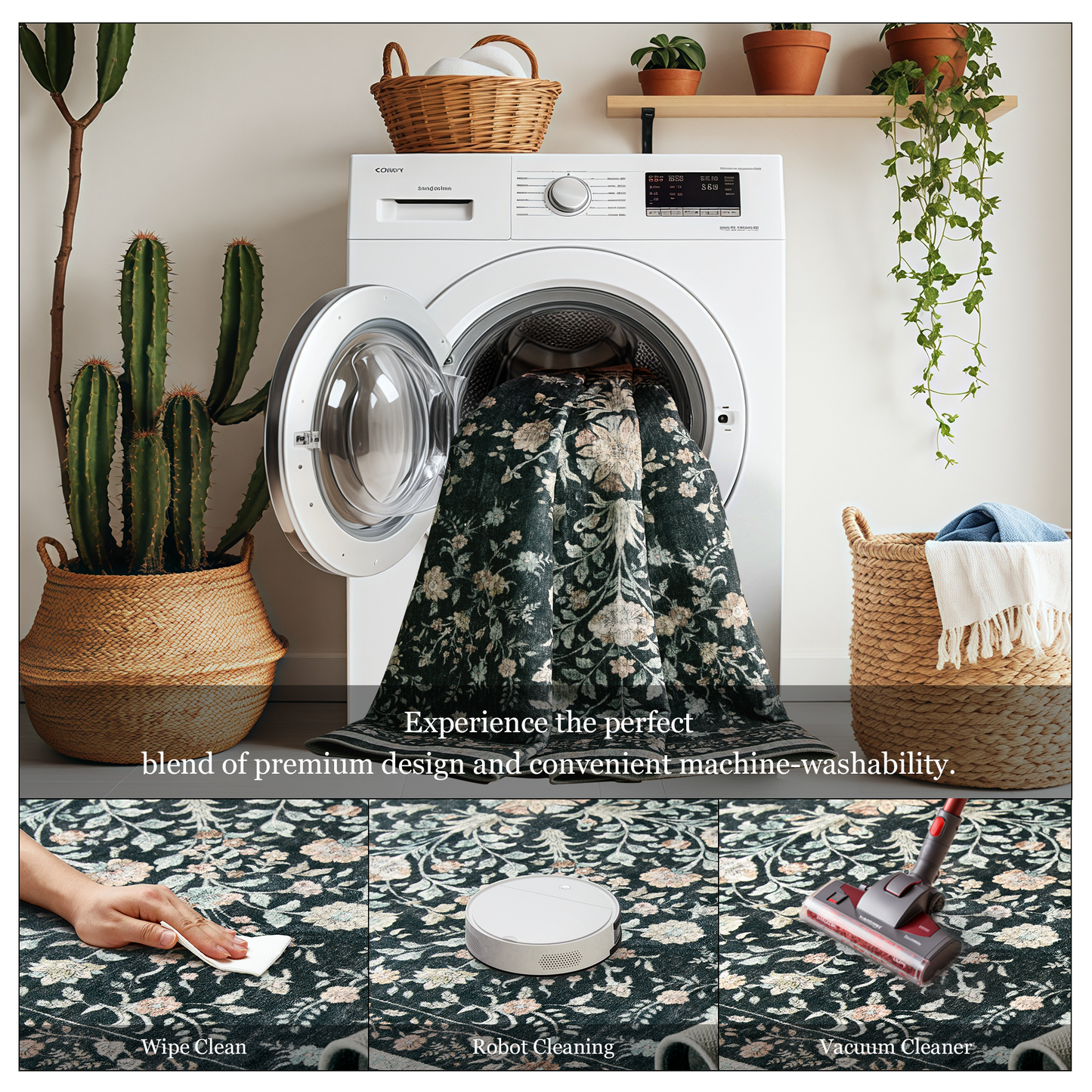 9'x12' Boho Area Rugs for Living Room, Machine Washable Area Rug with Non-Slip Backing, Stain Resistant Non-Shed Carpet for Bedroom, Dining Room, Dorm, Office