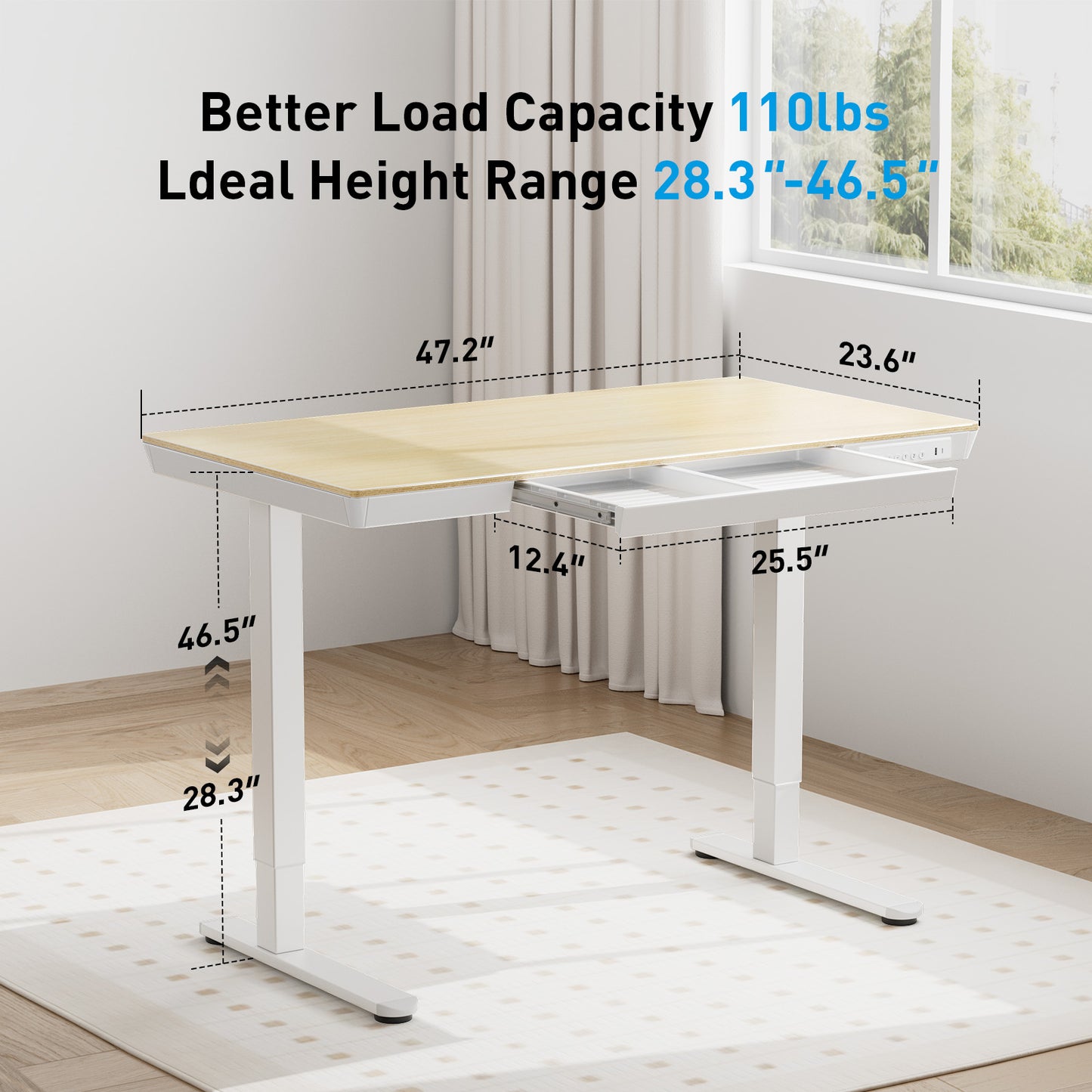 Kyspho 48'' x 24'' Electric Standing Desk with Drawer, Solid Maple Wood-top Height Adjustable Desk with USB Charging Ports, Sit Stand Desk with Storage for Home & Office
