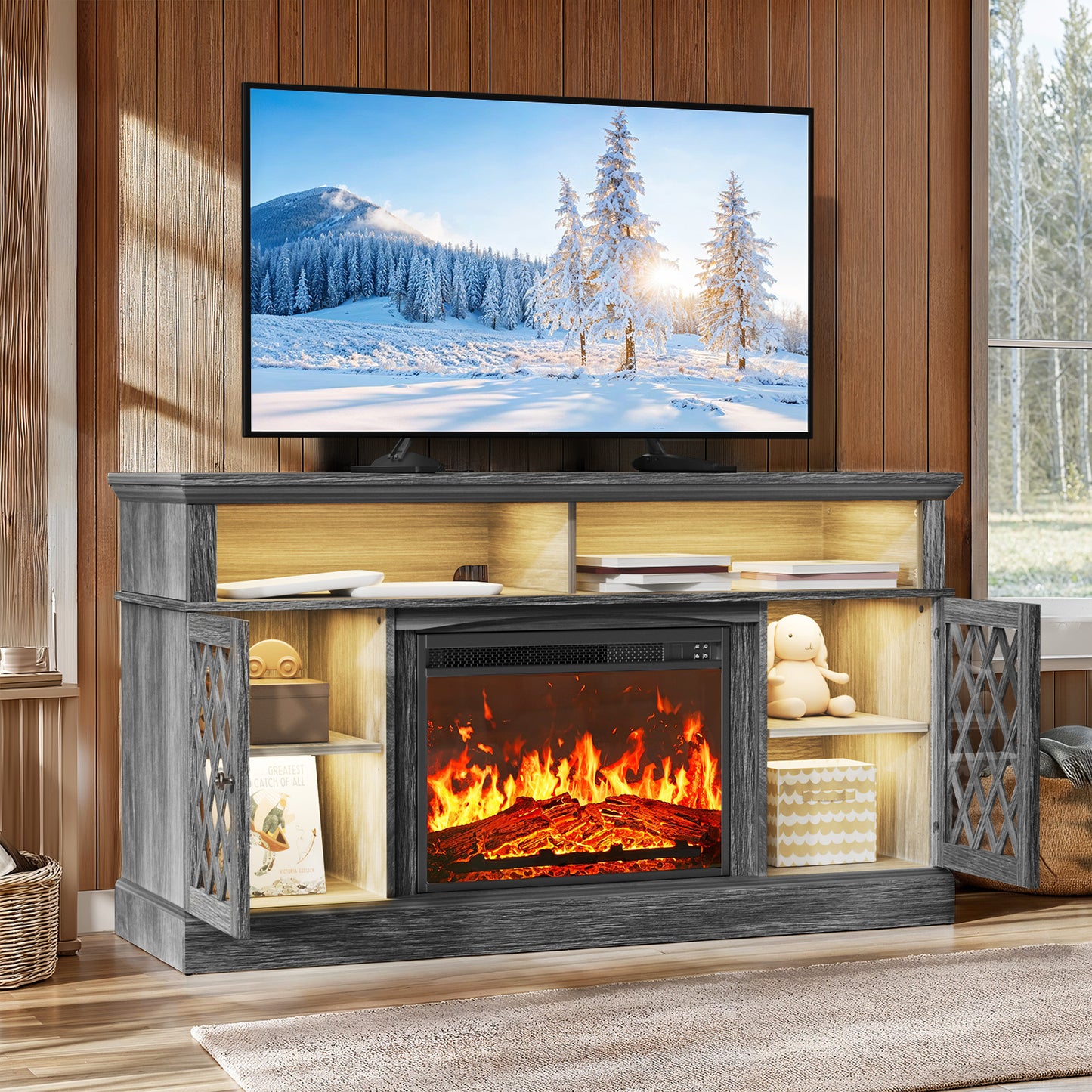 Electric Fireplace TV Stand with LED Lights for TVs up to 70", Entertainment center with fireplace for Living Room, Bedroom, Gray