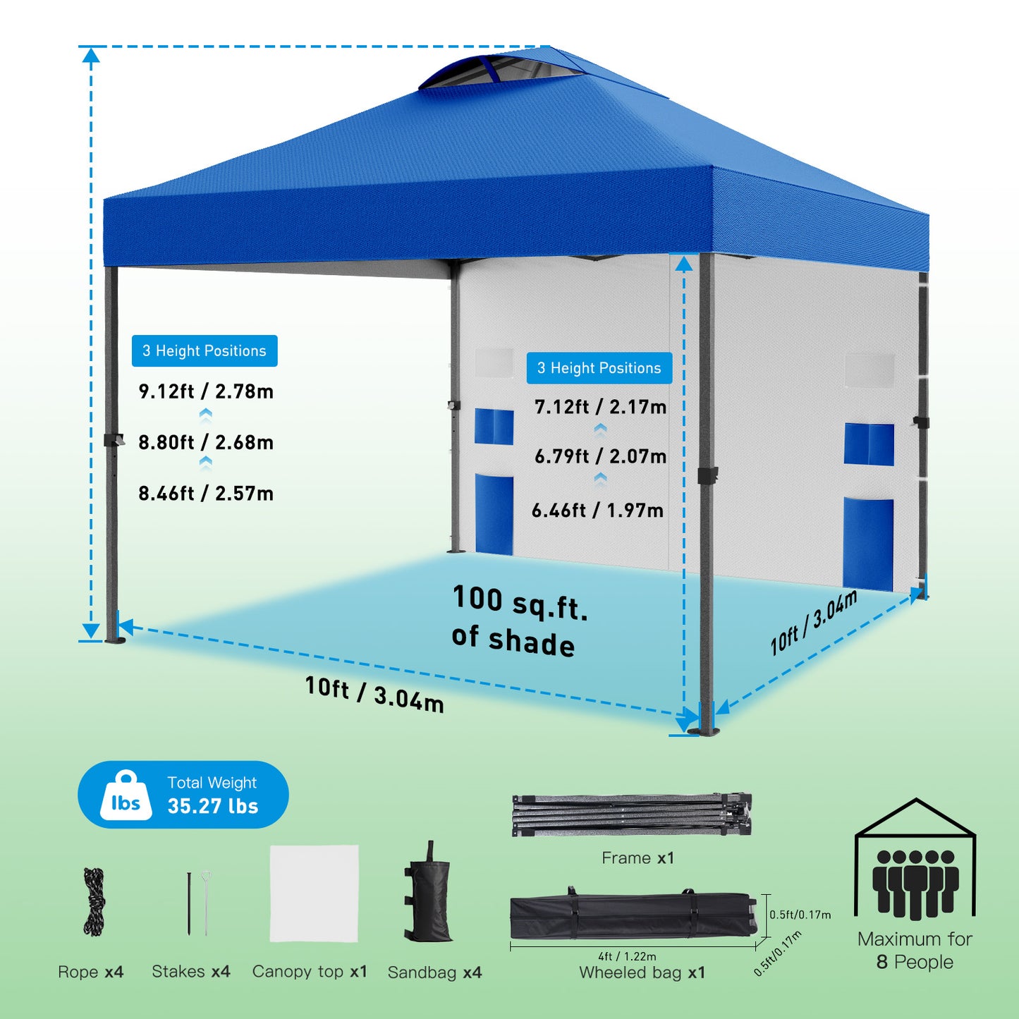 CHITOOMA 10 x 10ft Pop up Canopy Tent, Instant Outdoor Shelter Easy Portable Straight Leg Canopy Tent with Pockets Sidewall, Blue