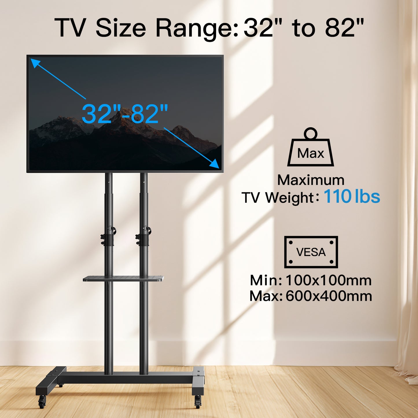 Modern Rolling Floor TV Stand Mobile Tilting TV Cart Floor TV Stand with Shelf for 32-75 inch Flat Panel TVs,Max 600x400mm