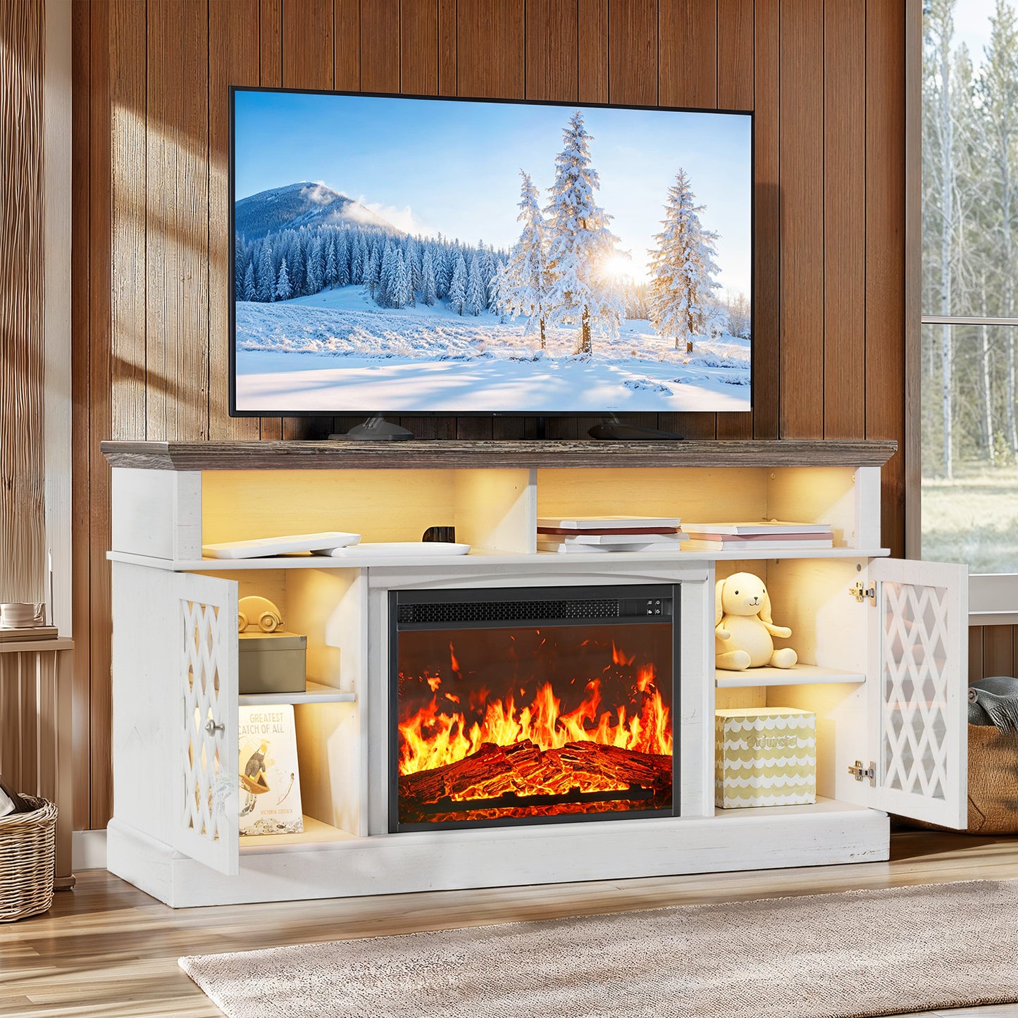Electric Fireplace TV Stand with LED Lights for TVs up to 70", Entertainment center with fireplace for Living Room, Bedroom, White