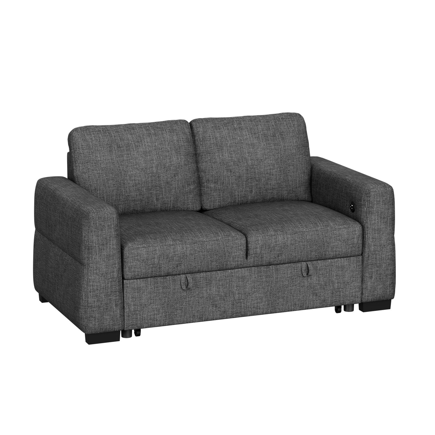 CHITOOMA 60'' Linen Pull Out Sofa Bed Convertible Sleeper Couch with Charging Port, Upholstered Sectional Sofa with 2 Pillows, Reclining Sofas for Living Room, Gray