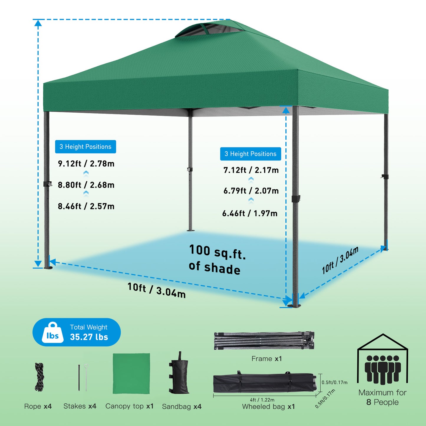 CHITOOMA 10 x 10ft Pop up Canopy Tent, Instant Outdoor Shelter Easy Portable Straight Leg Canopy Tent, Green