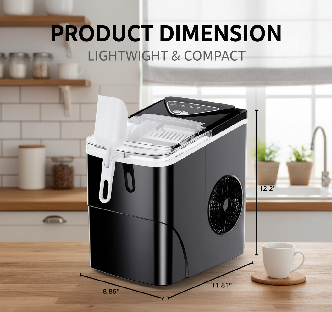 Philergo Ice Maker Countertop, 26lbs/Per Day, 9 Bullet Ice Cubes in 6 Mins, Self-Cleaning Ice Maker with Ice Scoop, Basket,2 Sizes of Bullet Shaped Ice for Home/Office/Kitchen,Black