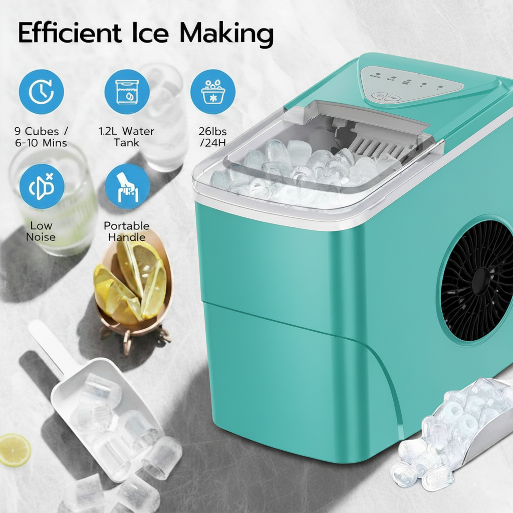 Philergo Ice Maker Countertop, 26lbs/Per Day, 9 Bullet Ice Cubes in 6 Mins, Self-Cleaning Ice Maker with Ice Scoop, Basket,2 Sizes of Bullet Shaped Ice for Home/Office/Kitchen,Green