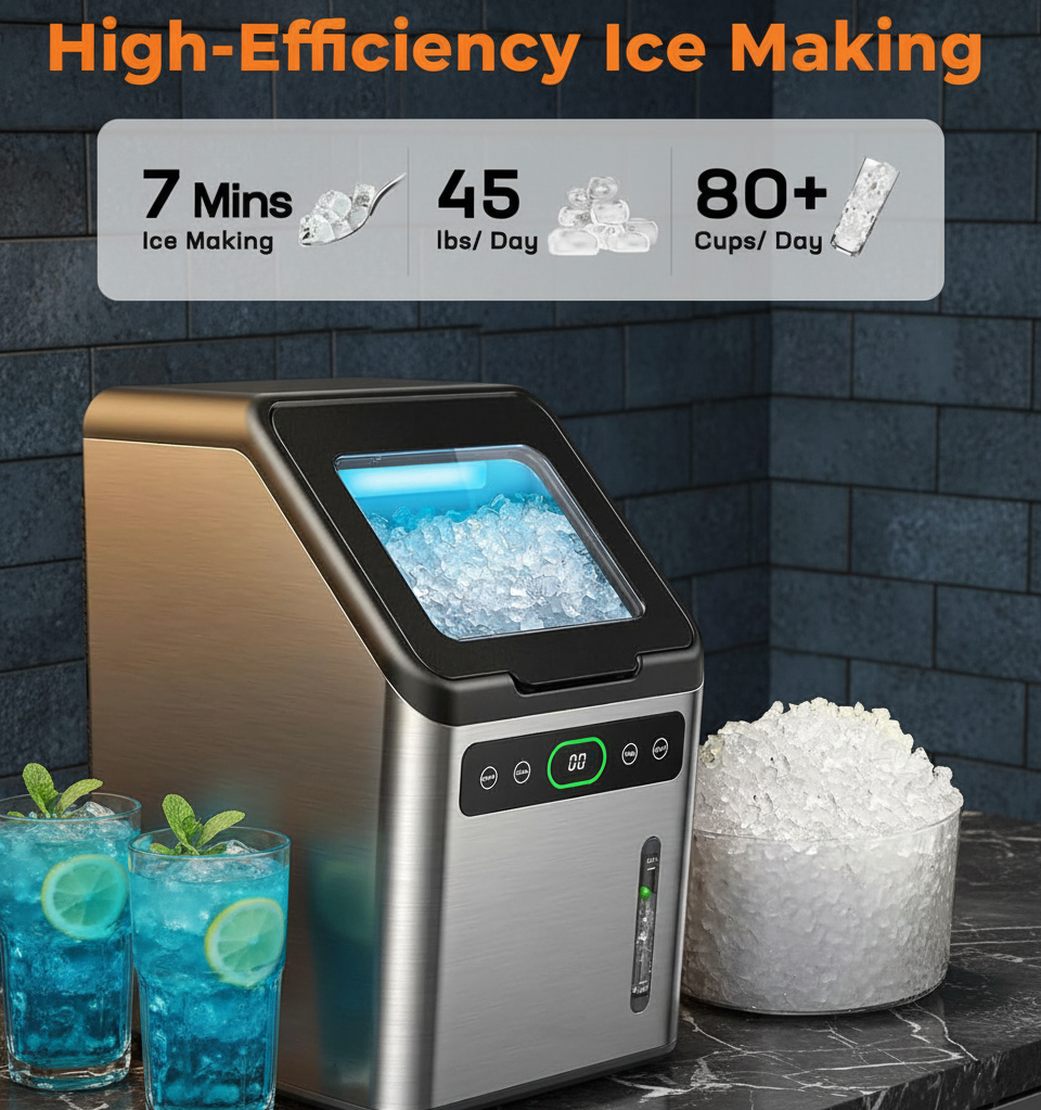 Philergo Nugget Ice Makers Countertop, 44lbs/24H with Self-Cleaning Function and Timer, Ice Maker Machine with Basket/Scoop for Home/Kitchen/Office, Stainless Steel