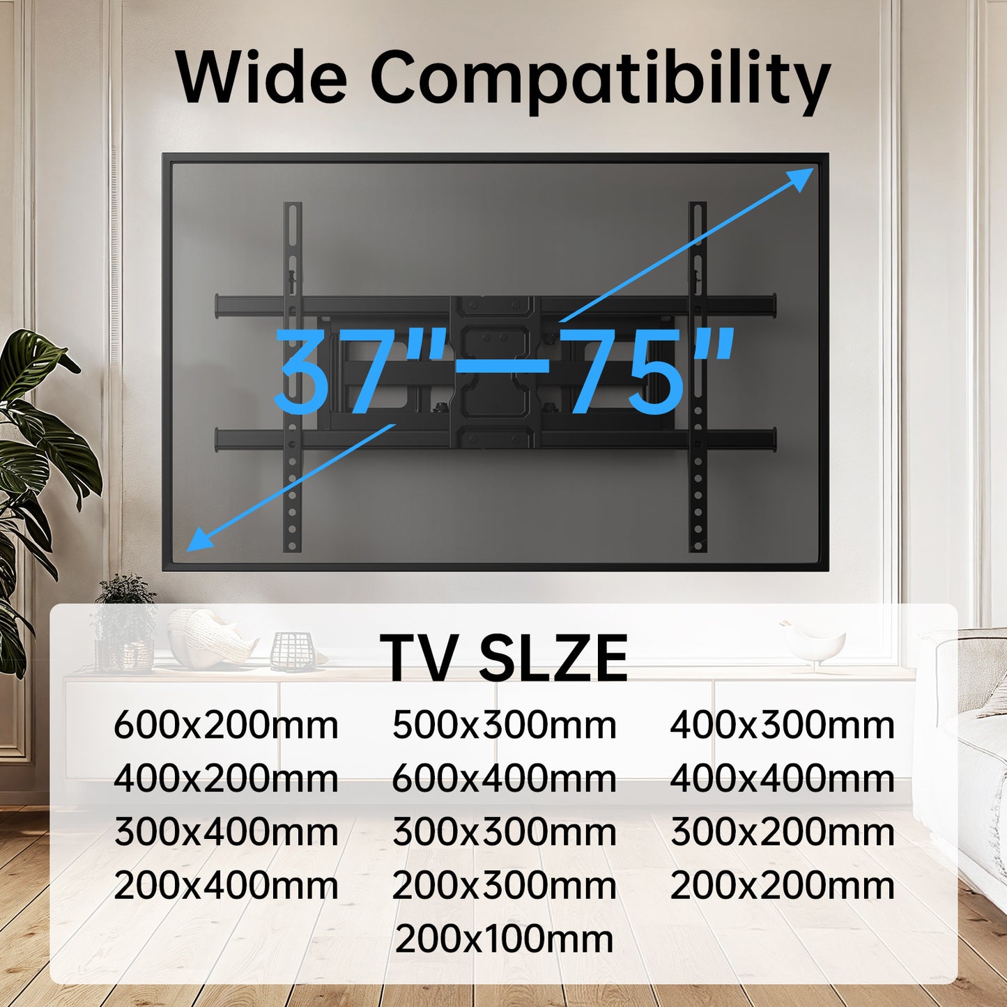 MountFTV Full Motion TV Wall Mount Bracket for 37-75 inch Flat Curved TVs, Max 600x400mm, Holds up to 132lbs