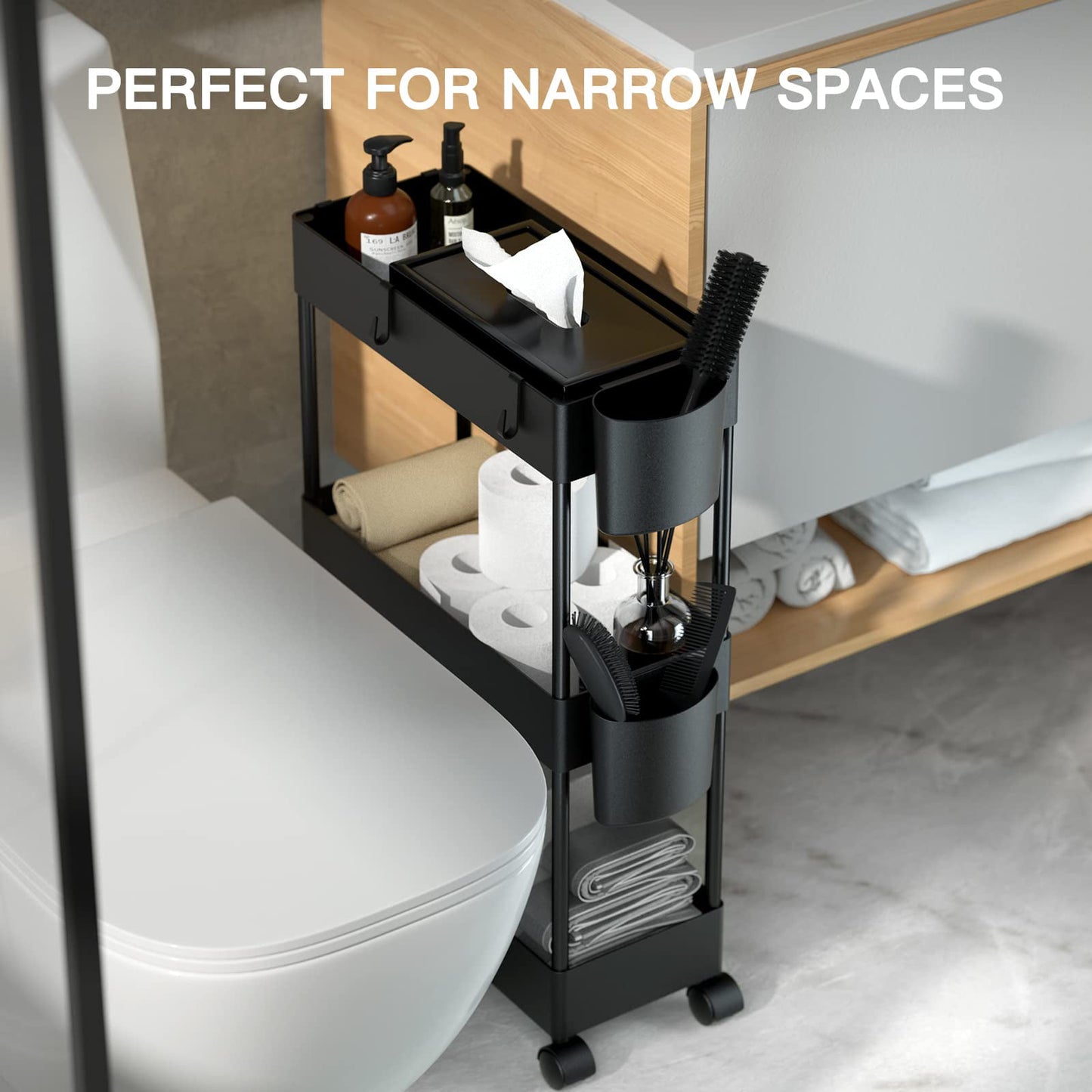 3 Tier Removable Slim Storage Cart with Wheels, Bathroom Cart Organizer Small, Rolling Cart for Bathroom, Kitchen, Narrow Space, Black