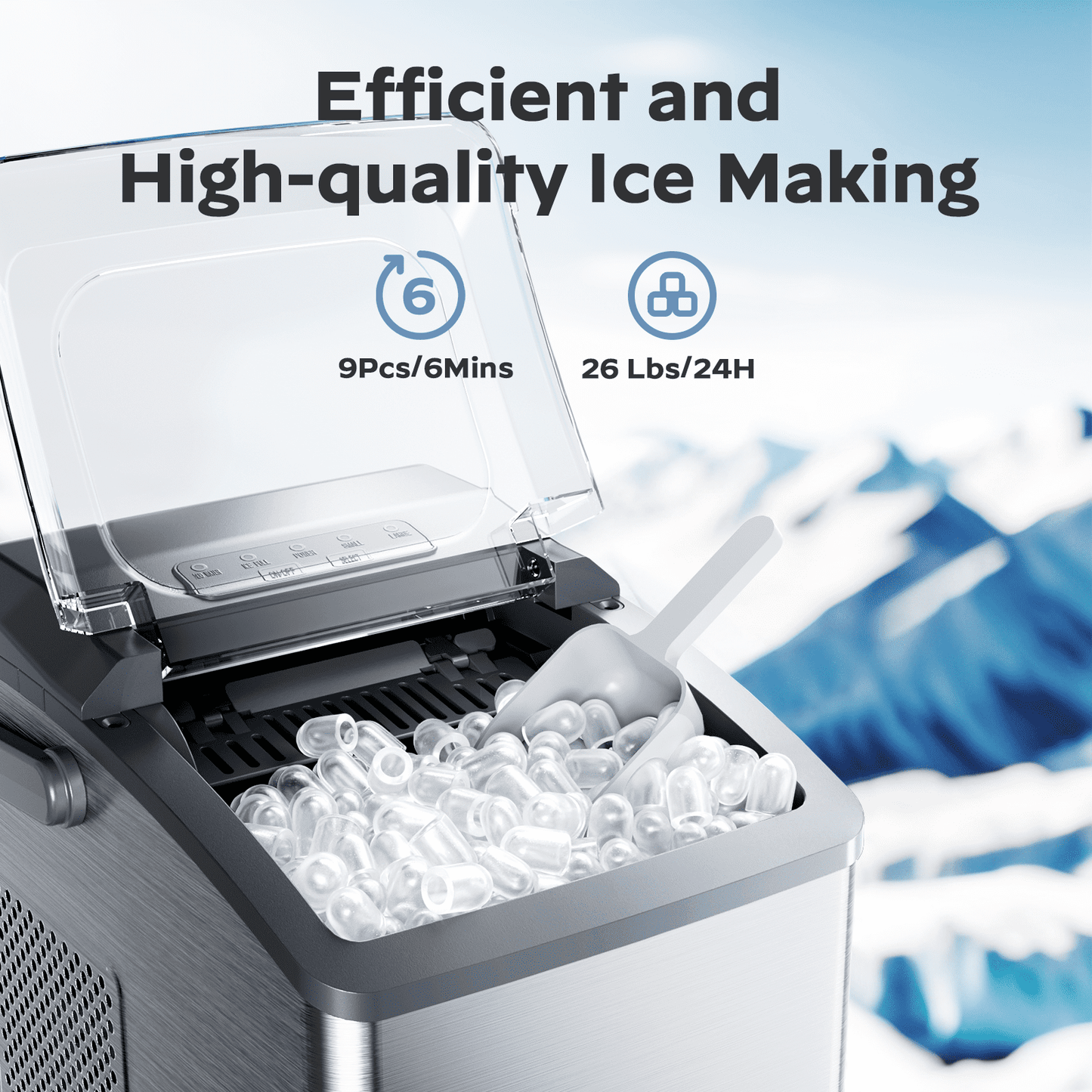 Ice Makers Countertop,Ice Maker Machine 6 Mins 9 Bullet Ice, 26 Lbs/24 Hrs, Nugget Ice Maker with Self Cleaning Function, Ice Maker for Home Kitchen Party, Silver