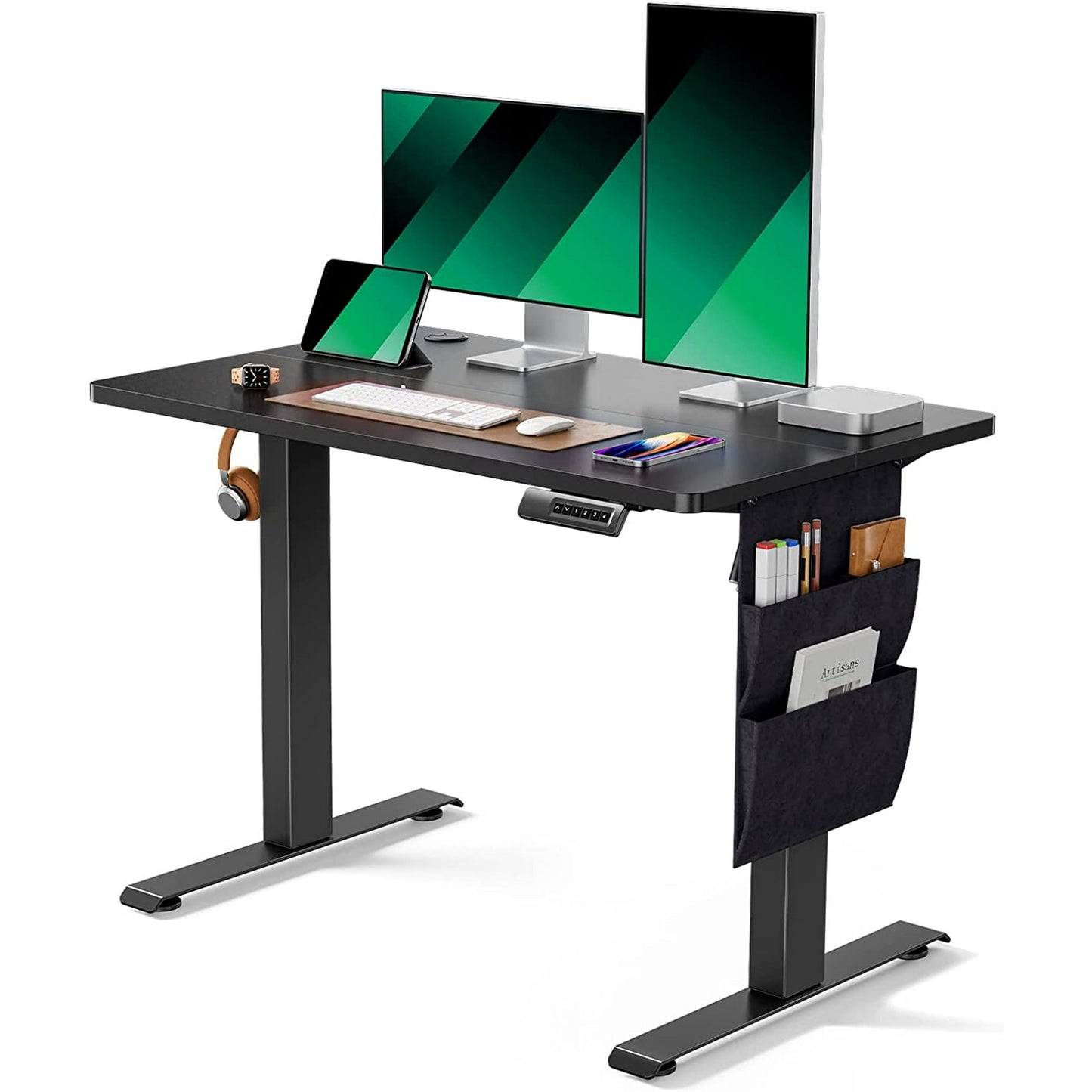 CHITOOMA 40" x 24" Electric Standing Desk, Adjustable Height Sit to Stand Desk with 4 Memory Pre-Set, Storage Bag, Headphone Hook for Home Office, Black