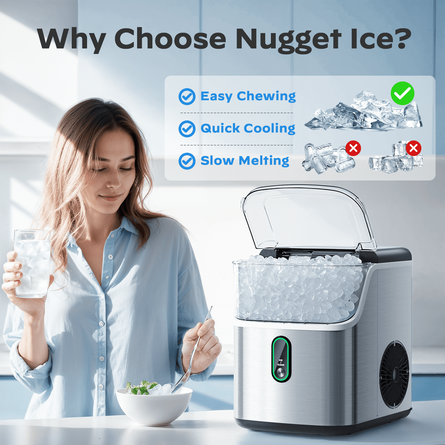 Philergo Nugget Ice Maker Countertop, Pebble Ice Maker Machine with Self-Cleaning, 34lbs/24hr, Soft Chewable Pellet Ice Maker for Home, Kitchen, Stainless Steel
