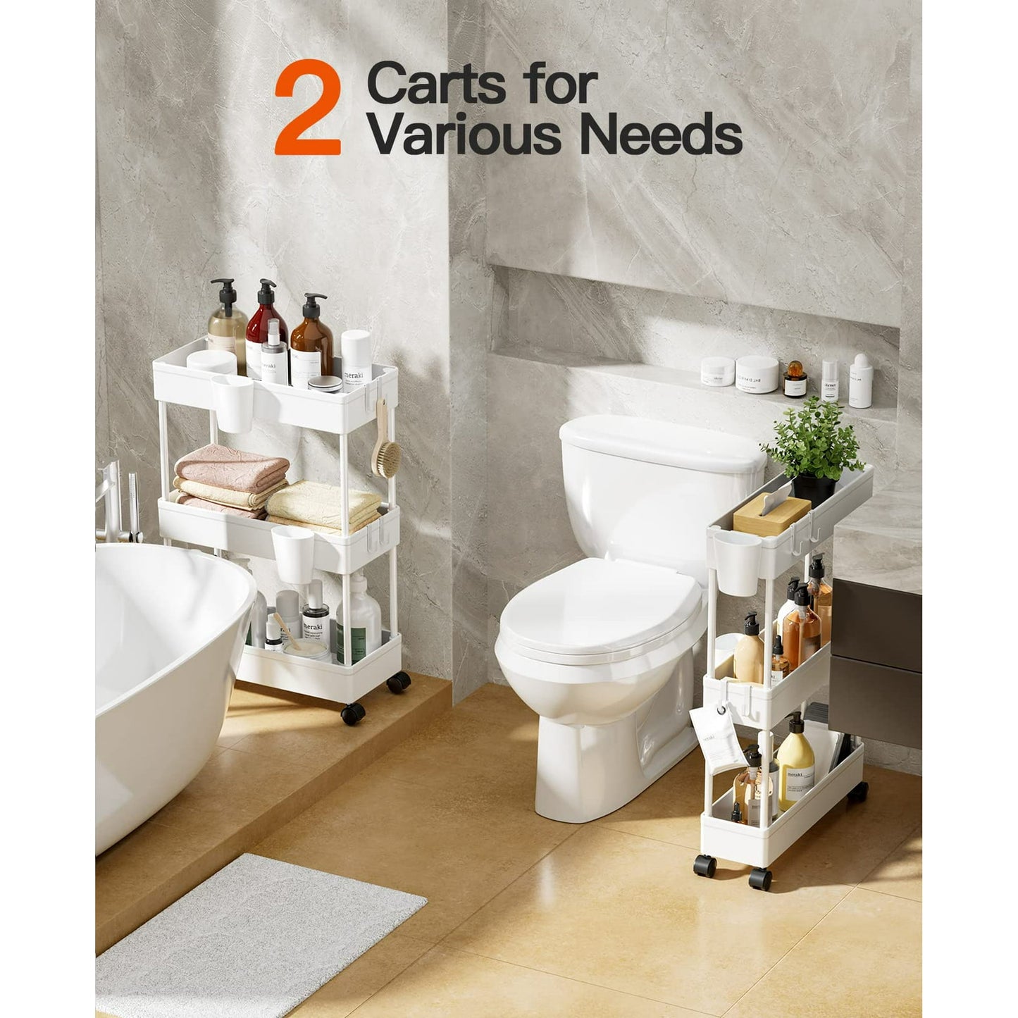 2 Pack 3 Tier Removable Slim Storage Rolling Cart Bathroom Organizer with Hanging Cups & Hooks for Home Bathroom, Kitchen(White)