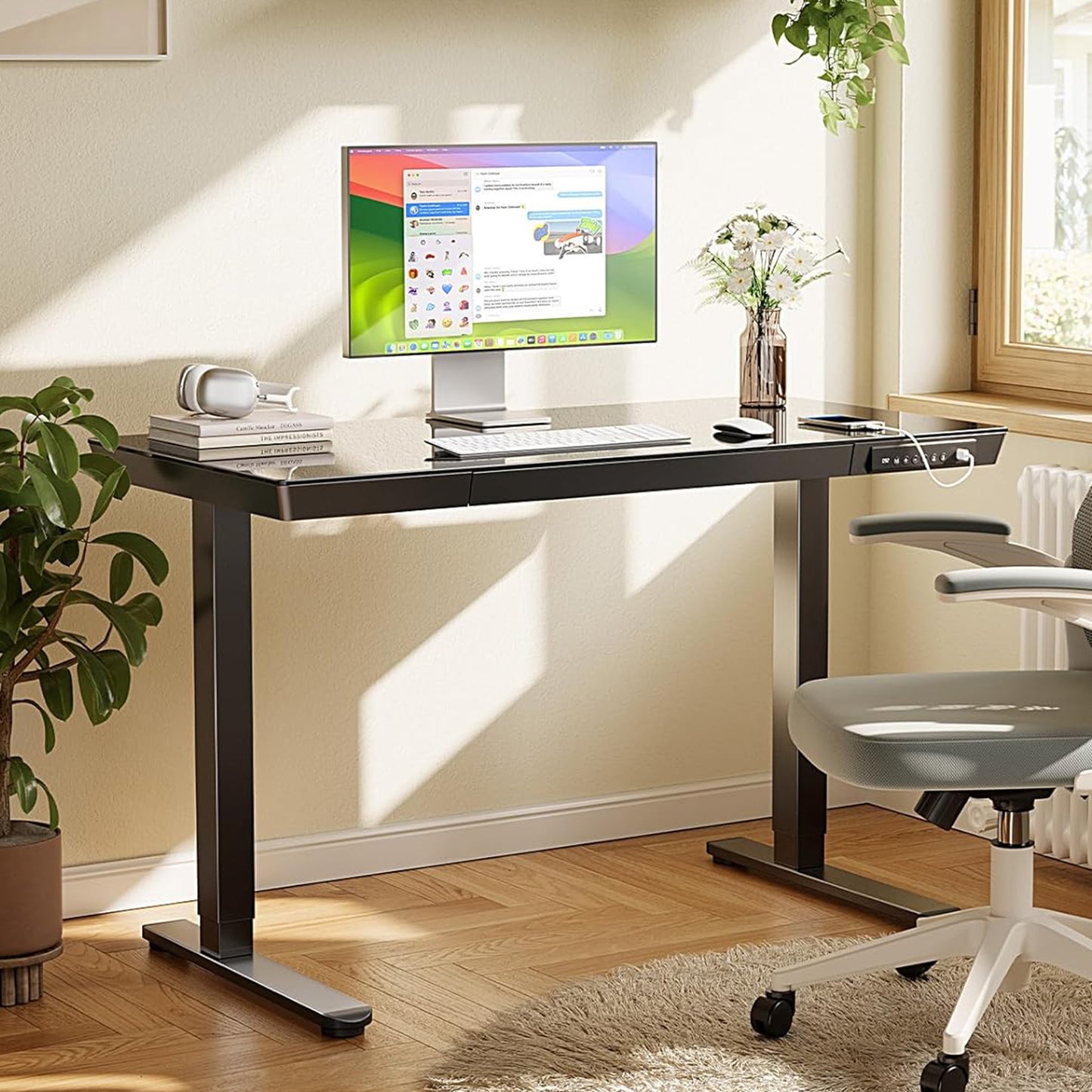 CHITOOMA 55" x 28" One Piece Black Glass Top Standing Desk with Drawer, Electric Height Adjustable Office Desk with USB Charging Ports, Sit to Stand Desk for Home