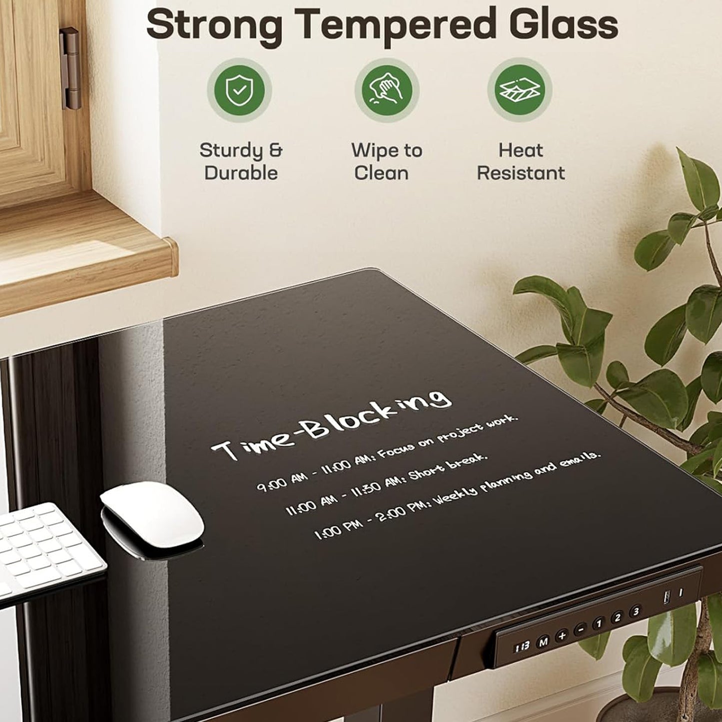 CHITOOMA 55" x 28" One Piece Black Glass Top Standing Desk with Drawer, Electric Height Adjustable Office Desk with USB Charging Ports, Sit to Stand Desk for Home
