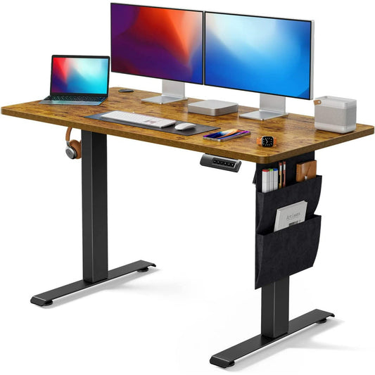 CHITOOMA 48" x 24" Electric Standing Desk, Adjustable Height Sit to Stand Desk with 4 Memory Pre-Set, Storage Bag, Headphone Hook for Home Office, Rustic Brown