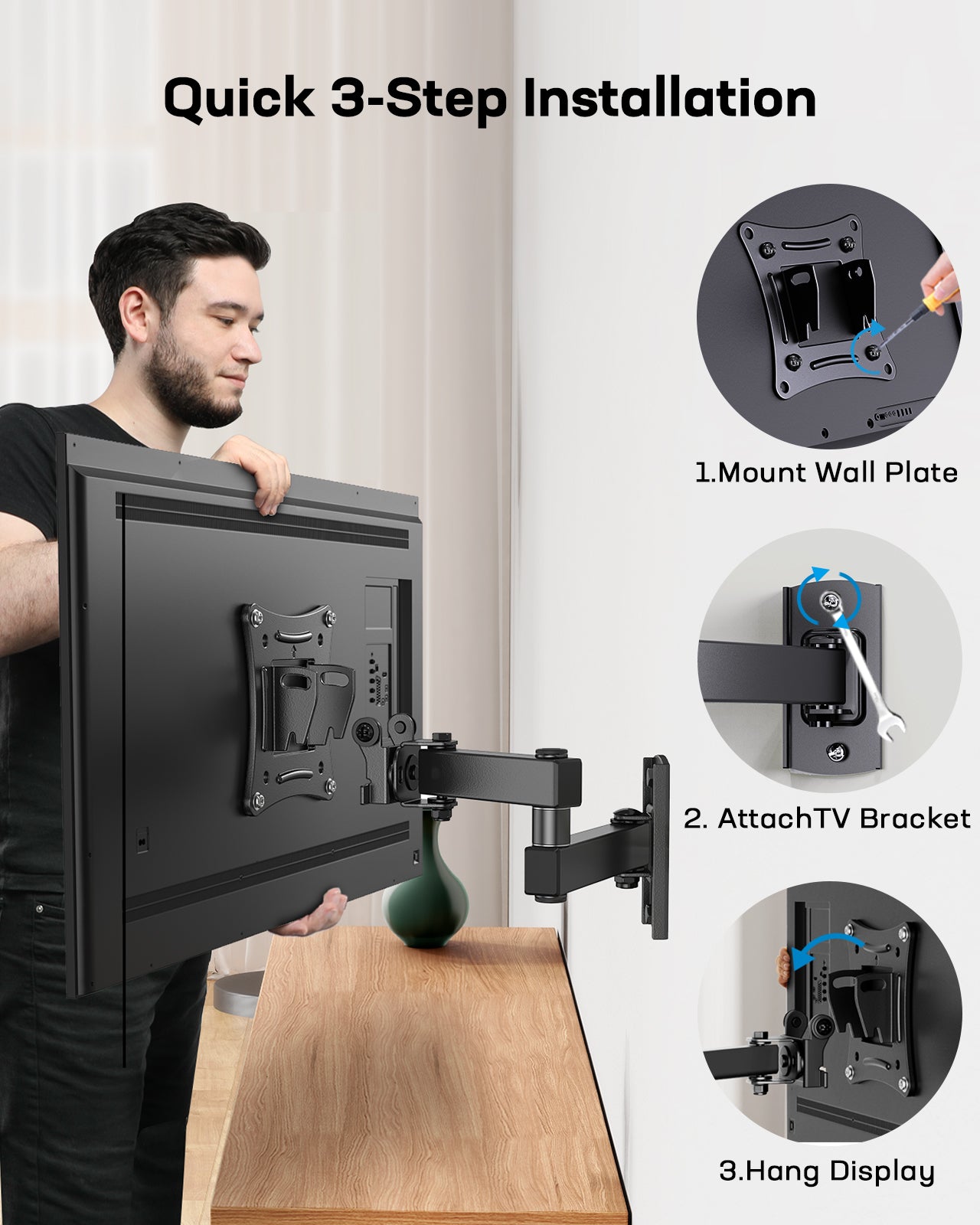 MountFTV Full Motion TV Wall Mount Brackets for 13-32 Inch TVs, 360° Rotation TV Mount Max 100x100mm, Hold up to 33 LBS
