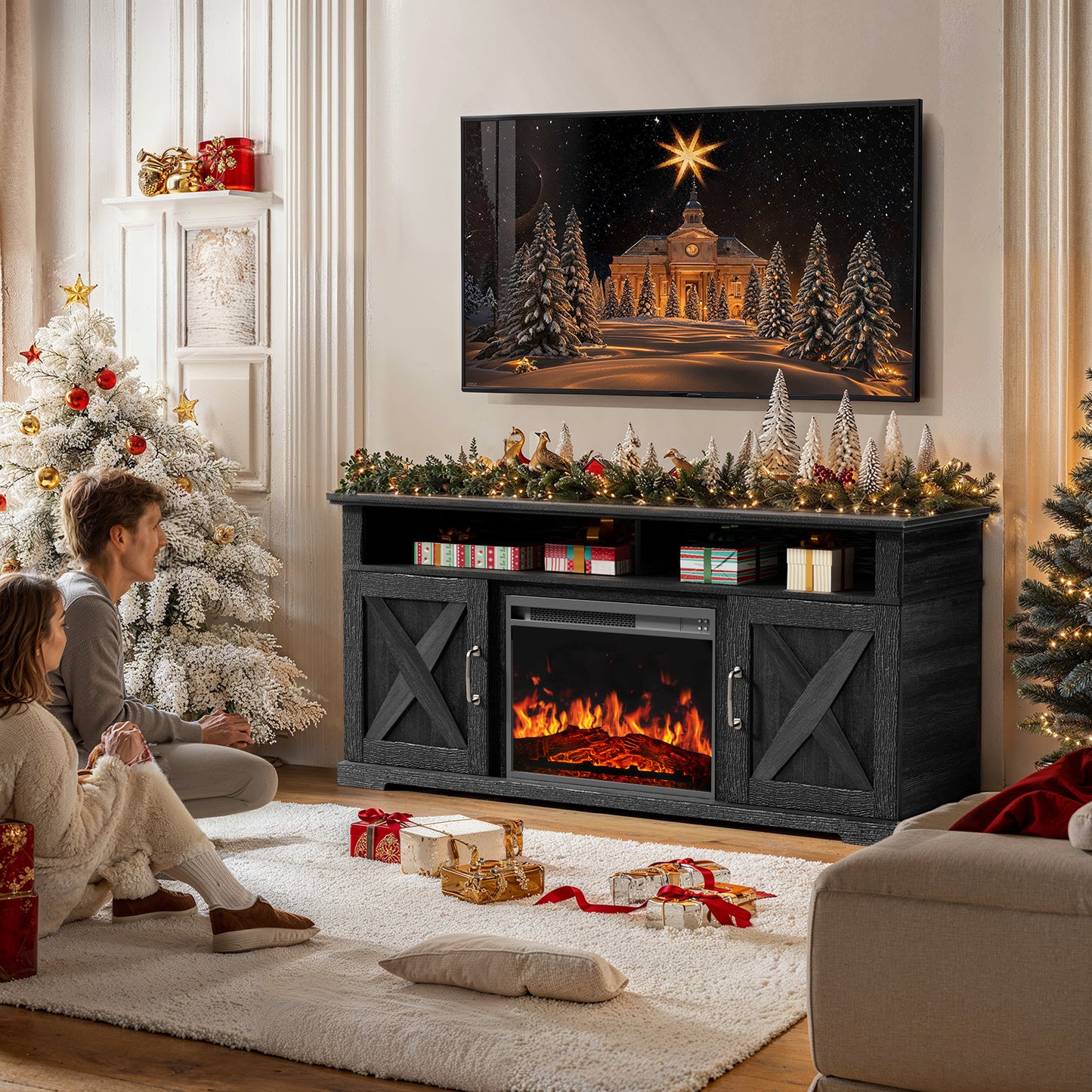 Electric Fireplace TV Stand for TVs up to 65", Farmhouse Entertainment Center with Fireplace, Black