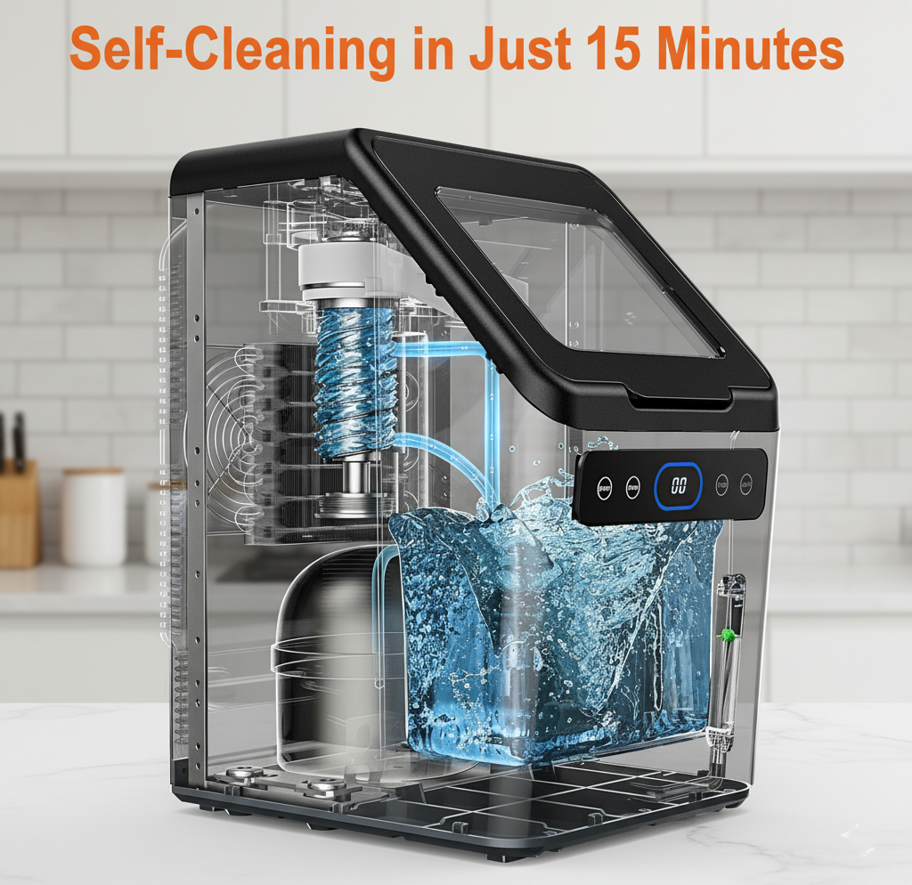 Philergo Nugget Ice Makers Countertop, 44lbs/24H with Self-Cleaning Function and Timer, Ice Maker Machine with Basket/Scoop for Home/Kitchen/Office, Stainless Steel