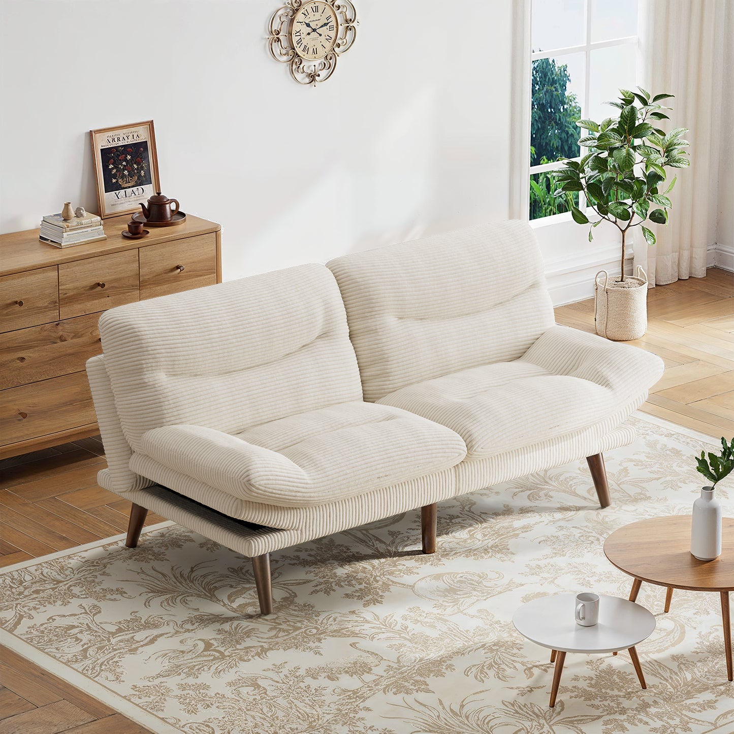 CHITOOMA 66'' Futon Sofa Bed, White Corduroy Memory Foam Futon Sleeper Sofa Loveseat Convertible Couch Bed for Small Compact Living Spaces,Apartment