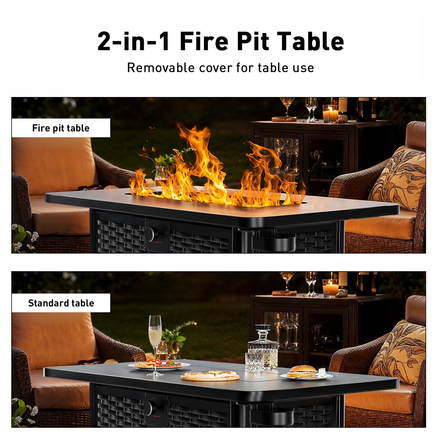 43" Rectangular Propane Gas Fire Pit Table with Glass Rocks for Patio & Garden, Black Outdoor Fireplace with Lid & Lava Rocks