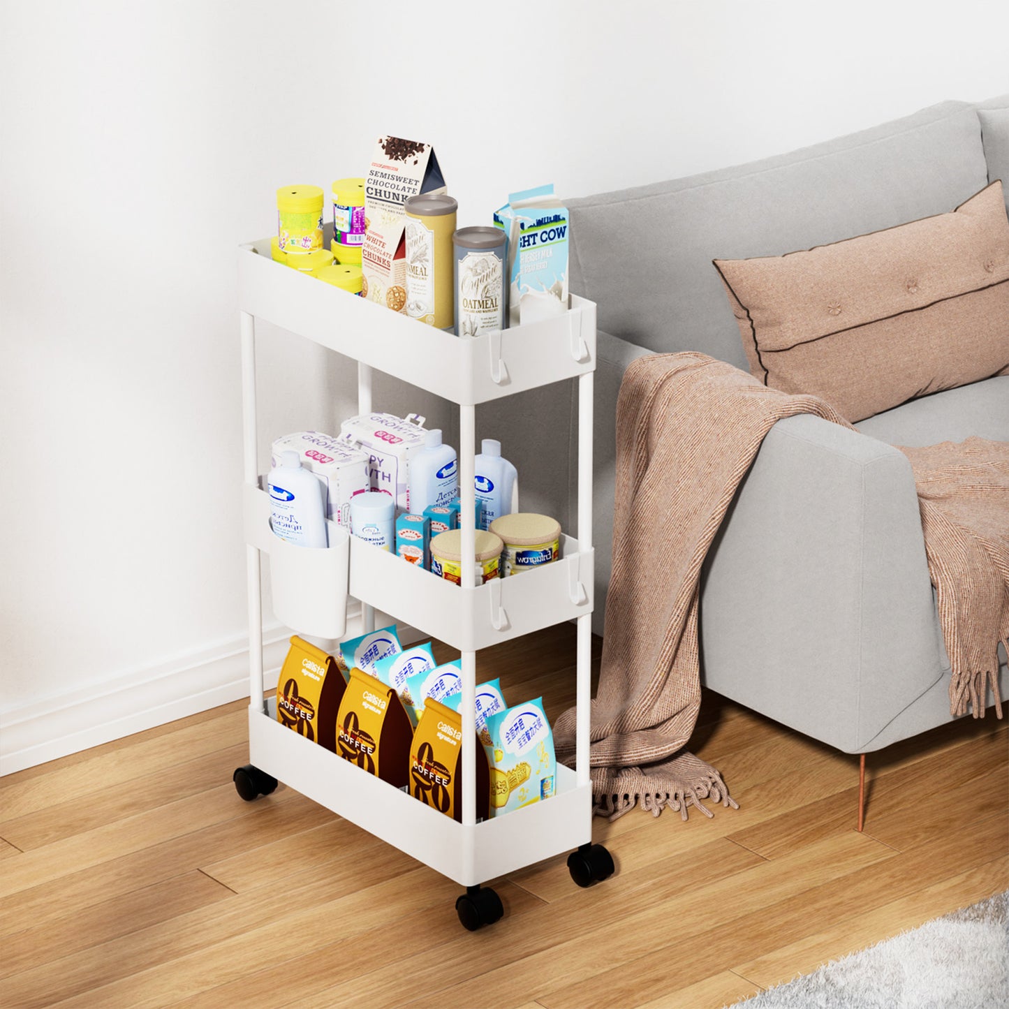 3 Tier Removable Slim Storage Cart with Wheels, Bathroom Cart Organizer Small, Rolling Cart for Bathroom, Kitchen, Narrow Space, White