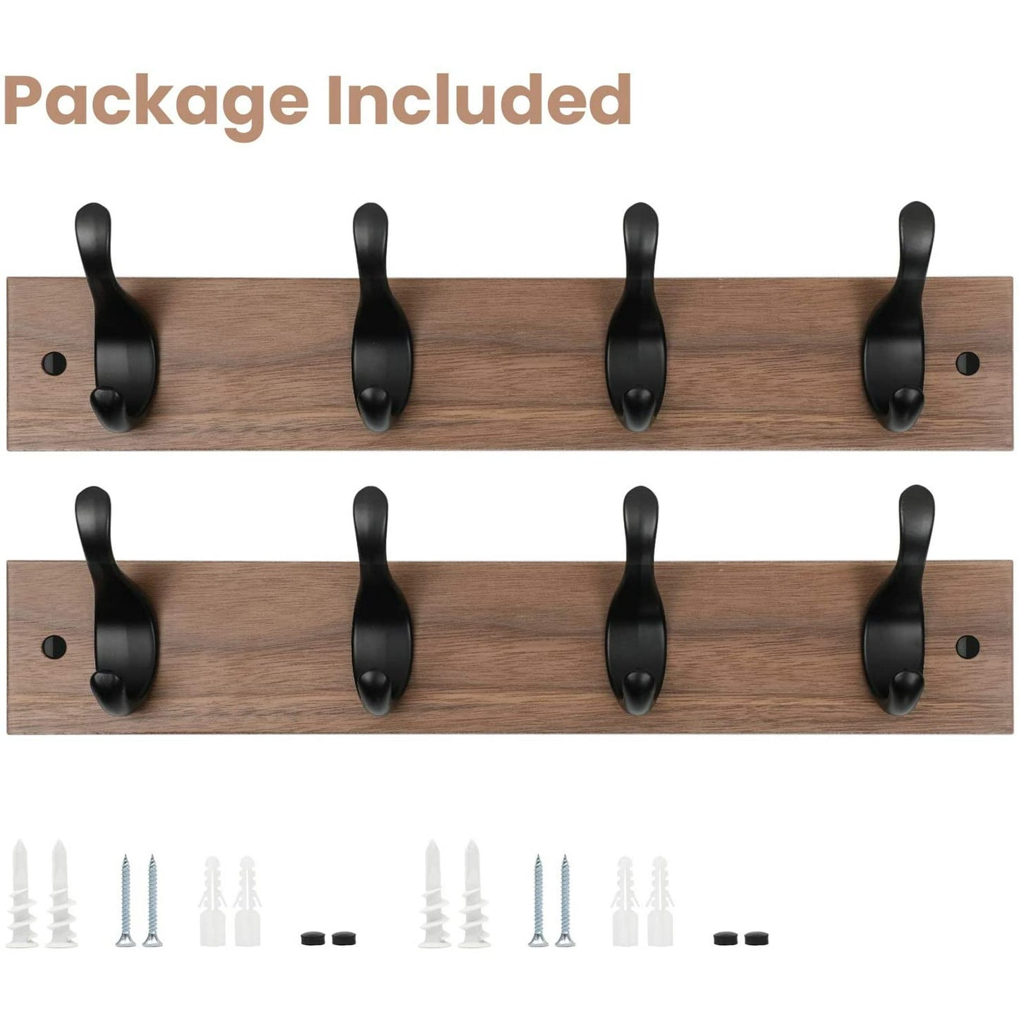 2 Packs 16" Wall Mount Wooden Rustic Hook Rack Coat Rack Hook Board with 4 Metal Hooks for Wall Organizer,Brown