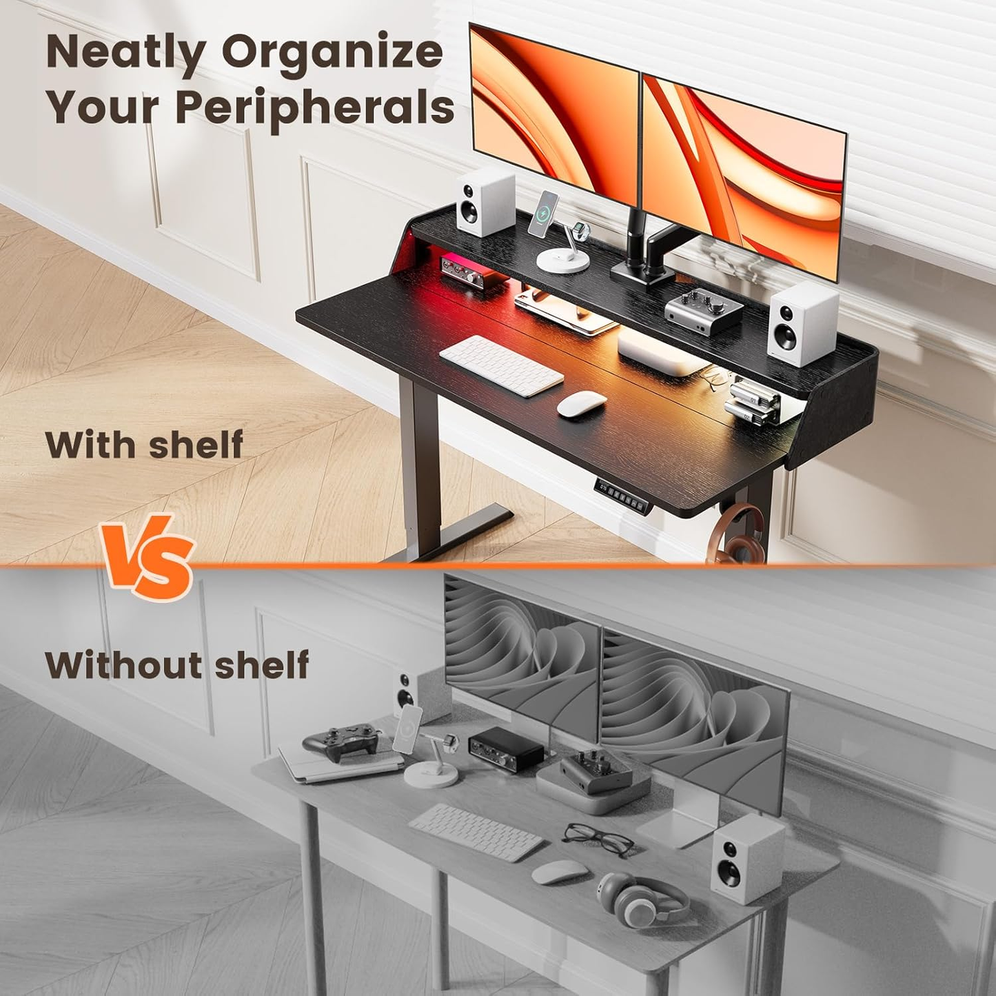 55" x 28″ Electric Standing Desk with Shelf and RGB LED Strip, Adjustable Height Computer Desk for Gaming, Home, Black
