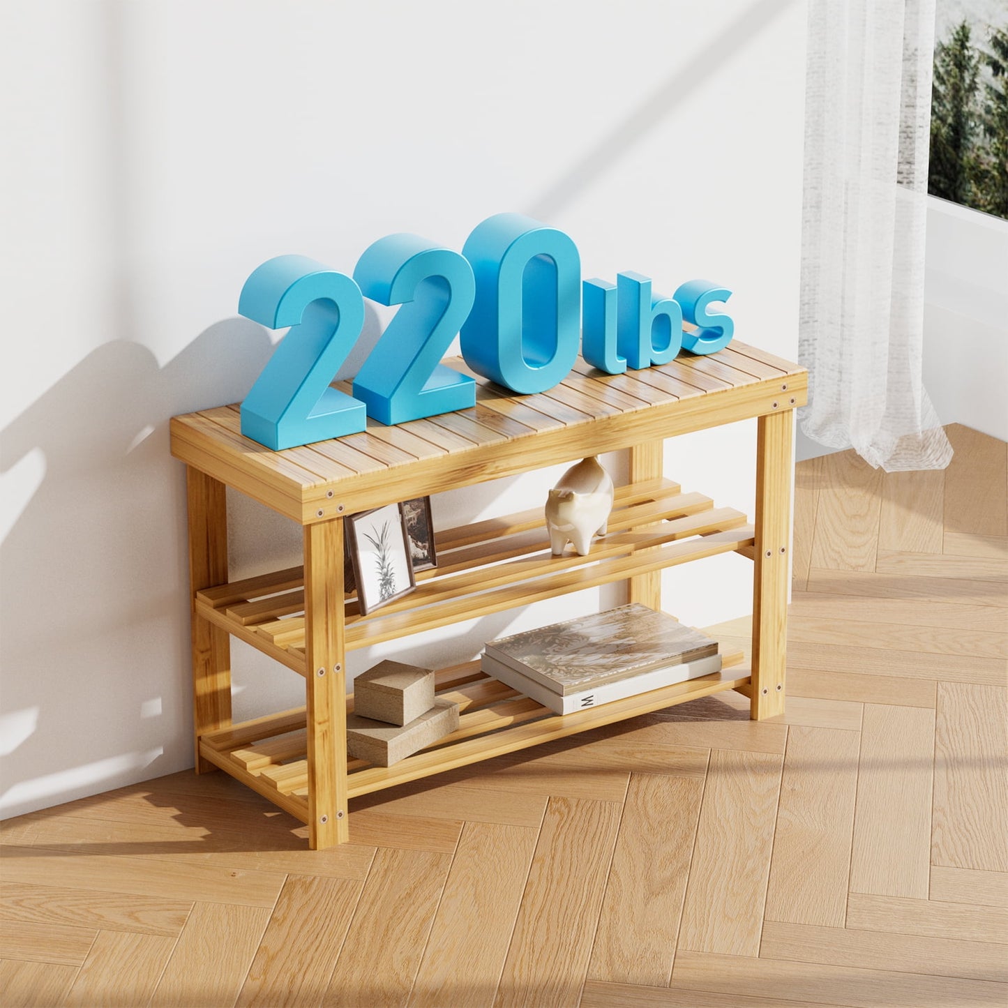CHITOOMA 3 Tier Bamboo Shoe Storage Bench for Entryway,Wood Hallway Shoe Rack Shoe Organizer Shelf for Living Room Bedroom,Natural