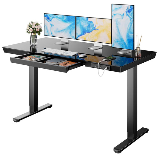 CHITOOMA 55" x 28" One Piece Black Glass Top Standing Desk with Drawer, Electric Height Adjustable Office Desk with USB Charging Ports, Sit to Stand Desk for Home
