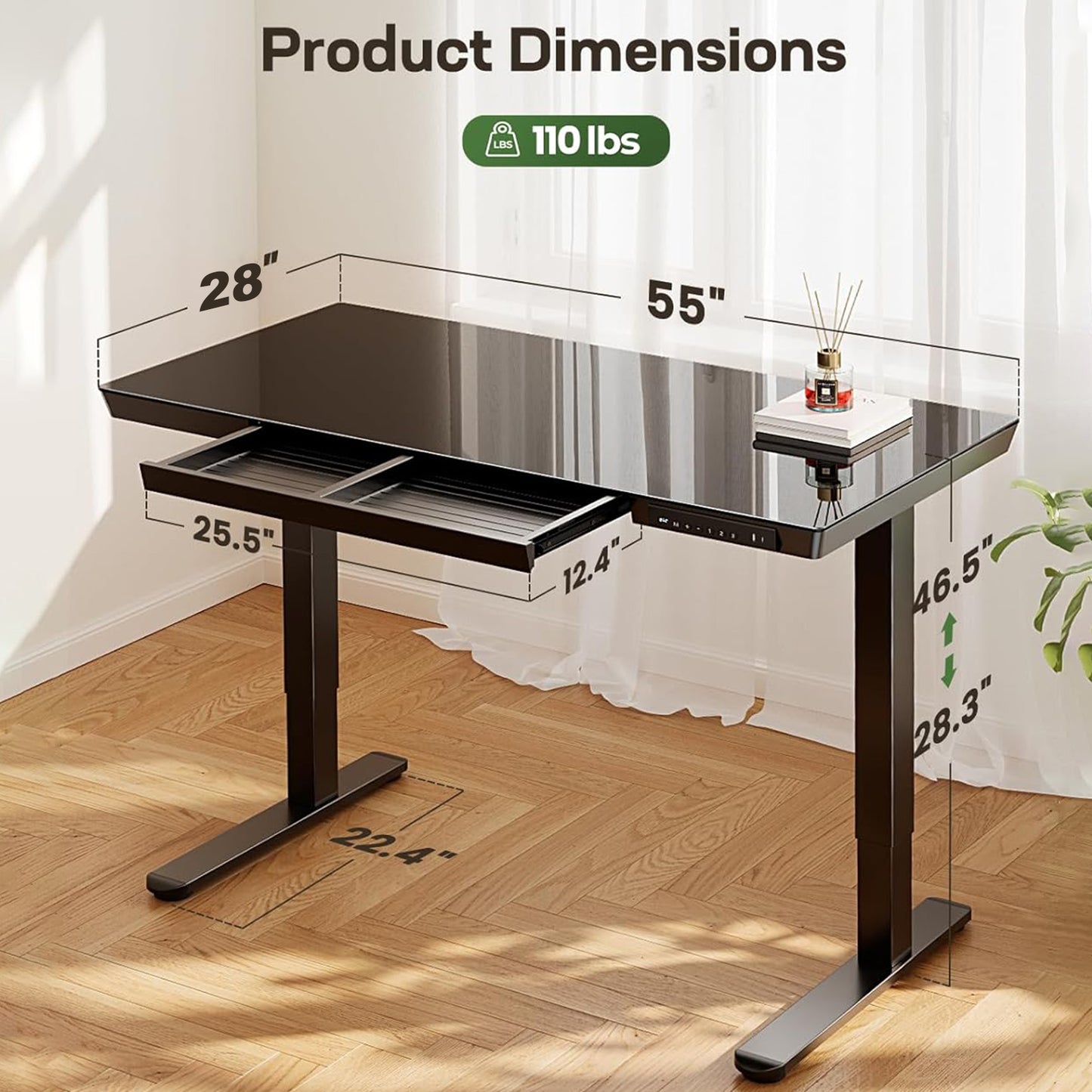 CHITOOMA 55" x 28" One Piece Black Glass Top Standing Desk with Drawer, Electric Height Adjustable Office Desk with USB Charging Ports, Sit to Stand Desk for Home