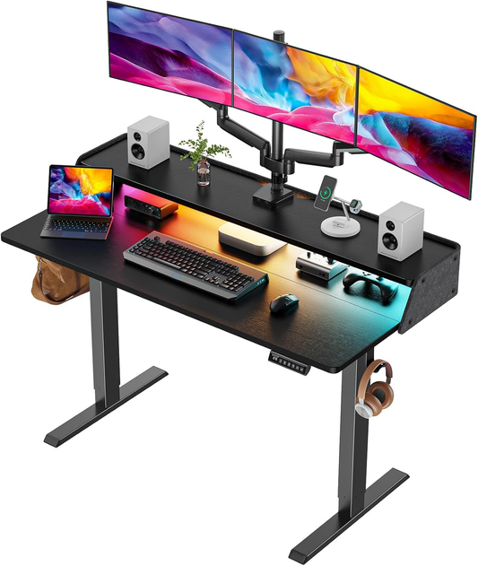 55" x 28″ Electric Standing Desk with Shelf and RGB LED Strip, Adjustable Height Computer Desk for Gaming, Home, Black
