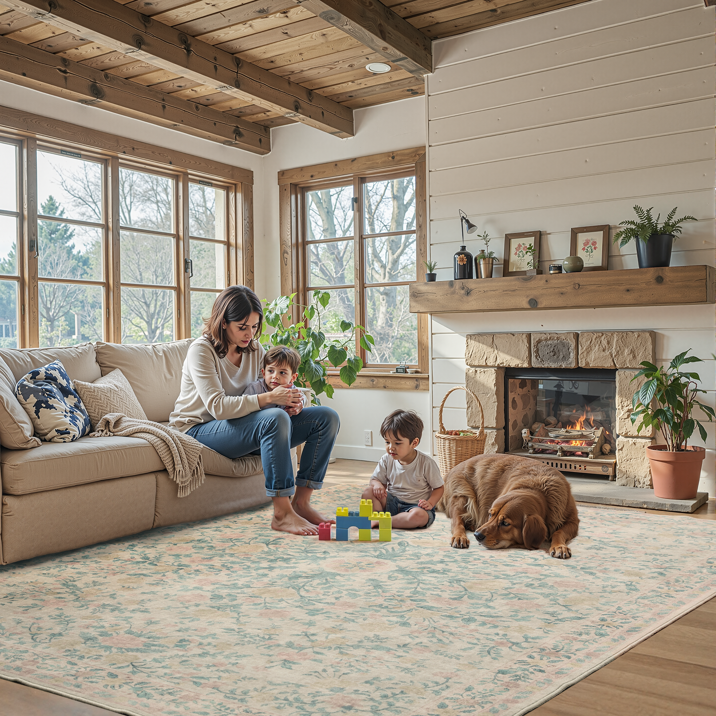 9'x12' Boho Area Rugs for Living Room, Machine Washable Area Rug with Non-Slip Backing, Stain Resistant Non-Shed Carpet for Bedroom, Dining Room, Dorm, Office