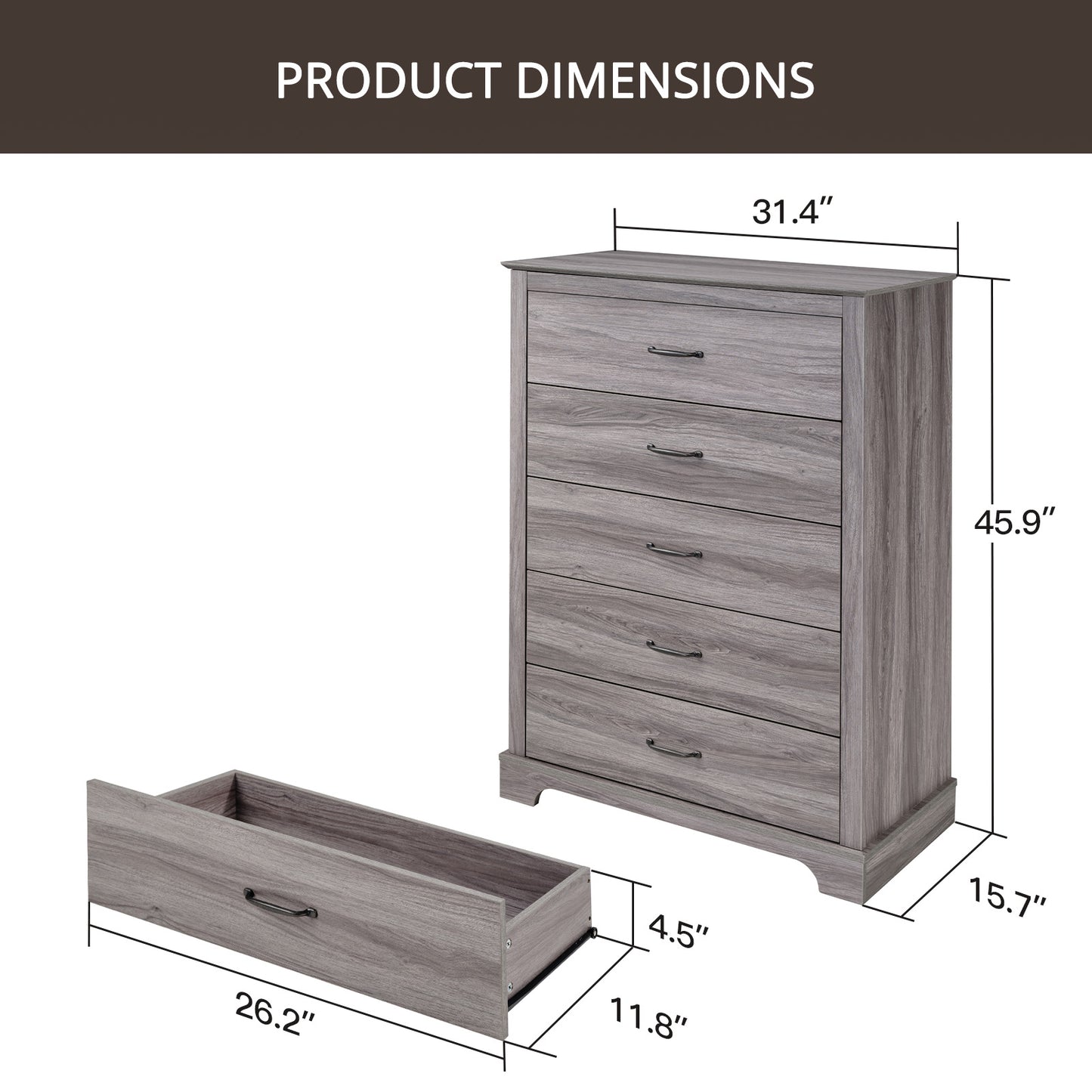 CHITOOMA 5 Dresser for Bedroom Wooden Chest of Drawers Dresser for Living Room, Entryway, Gray
