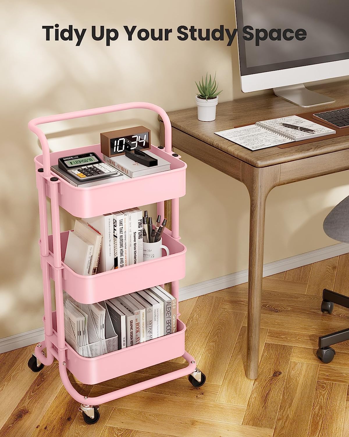 3-Tier Metal Rolling Cart Utility Cart Storage Cart with Lockable Wheels for Kitchen Bathroom Office(Pink)