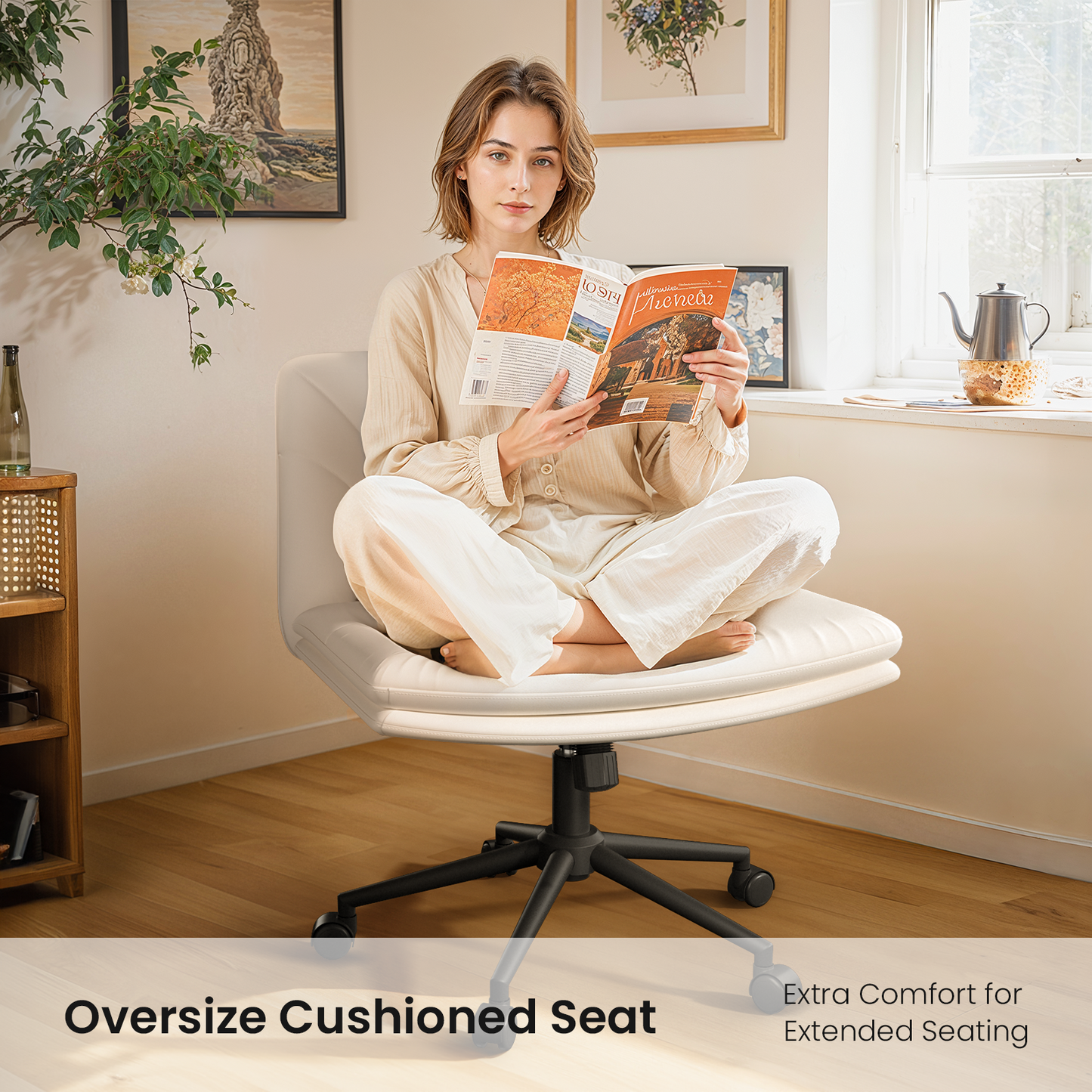 Kyspho PU Leather Armless Office Desk Chair with Caster Wheels, Height-Adjustable Office Chair with Tilt & Swivel, Wide Seat, Ergonomic Chair for Office/Vanity/Living Room