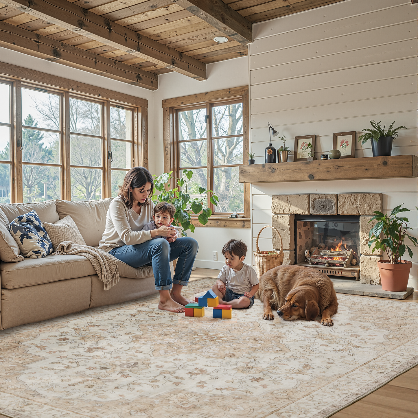 8'x10' Boho Area Rugs for Living Room, Machine Washable Area Rug with Non-Slip Backing, Stain Resistant Non-Shed Carpet for Bedroom, Dining Room, Dorm, Office