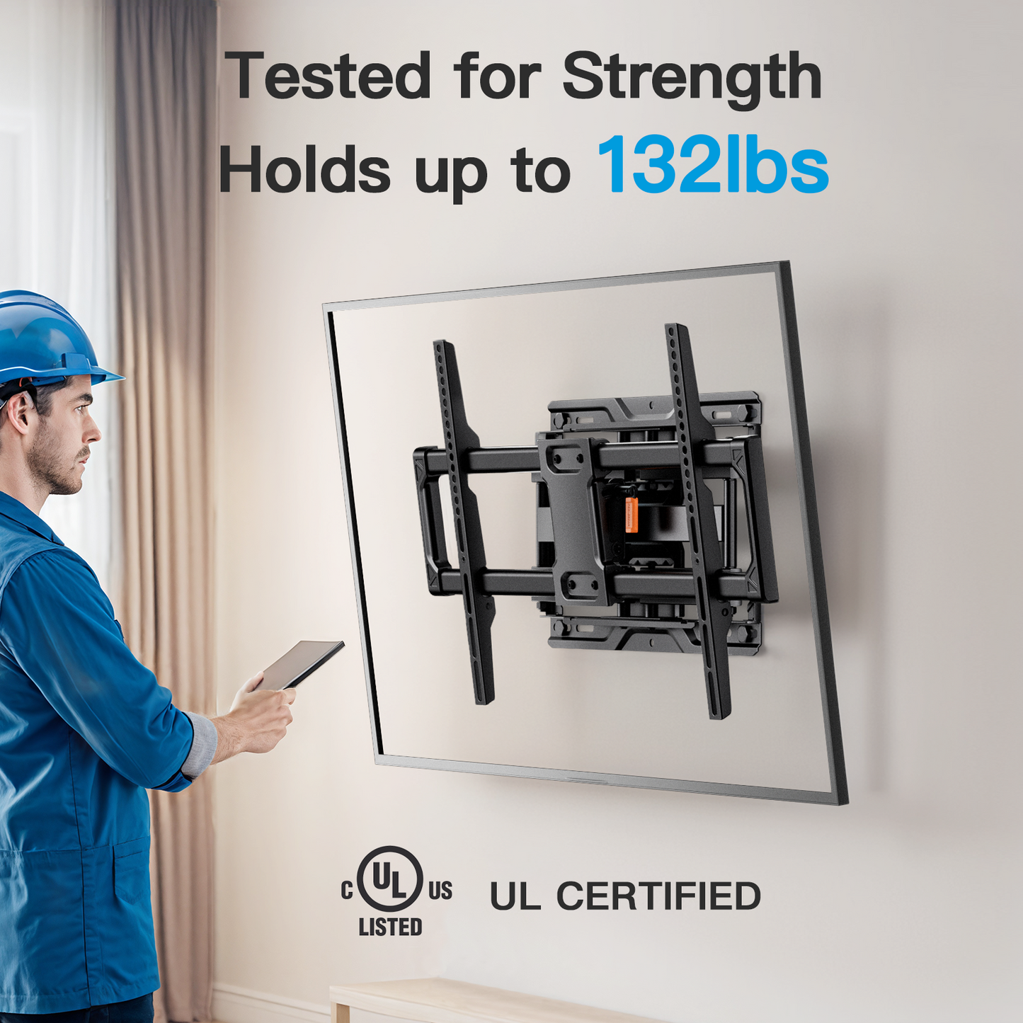 MountFTV Full Motion TV Wall Mount Bracket with Tool-Free Tilt for 37-90 inch TVs, Max 600x400mm, Holds up to 132 lbs