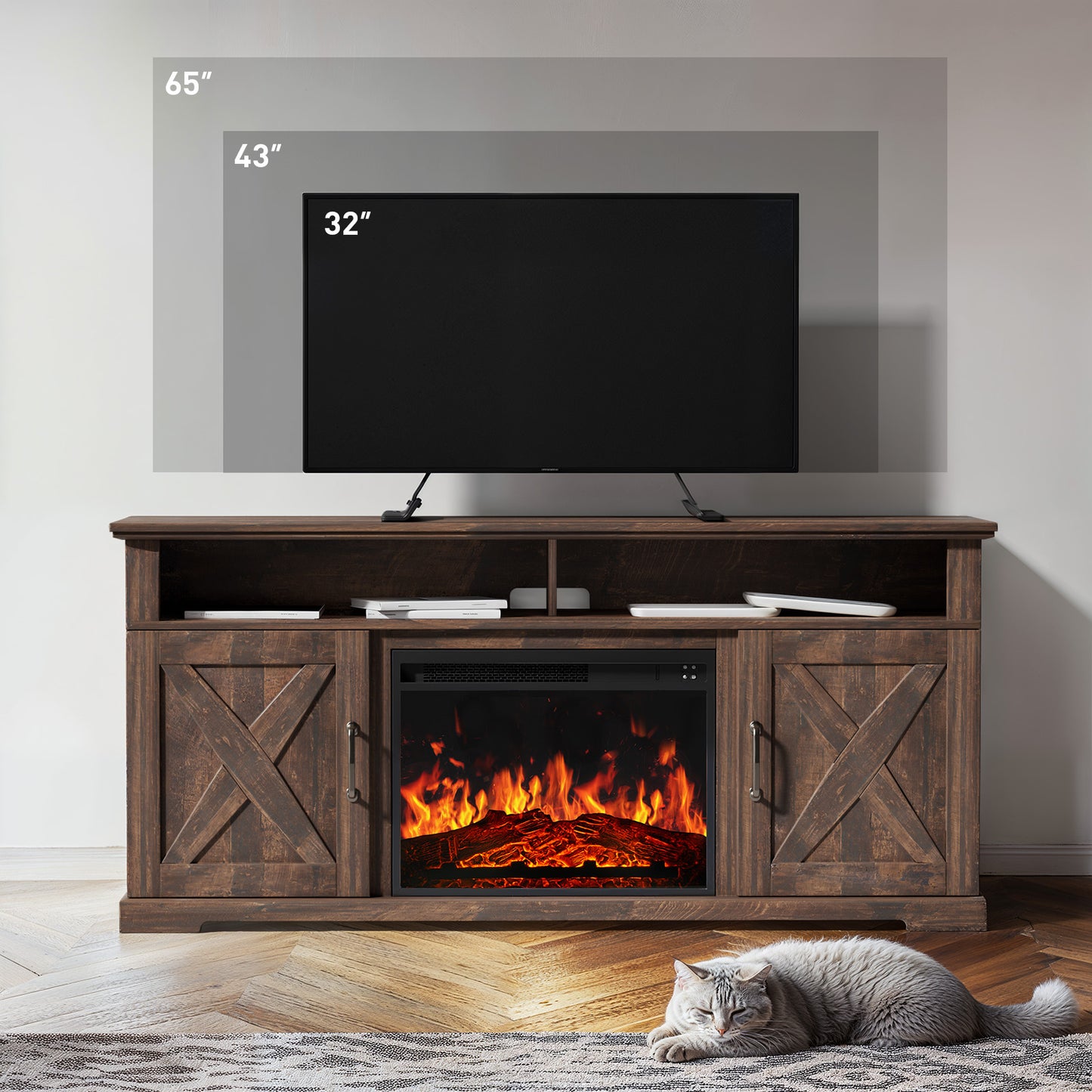 Electric Fireplace TV Stand for TVs up to 65", Farmhouse Entertainment Center with Fireplace, Vintage Brown