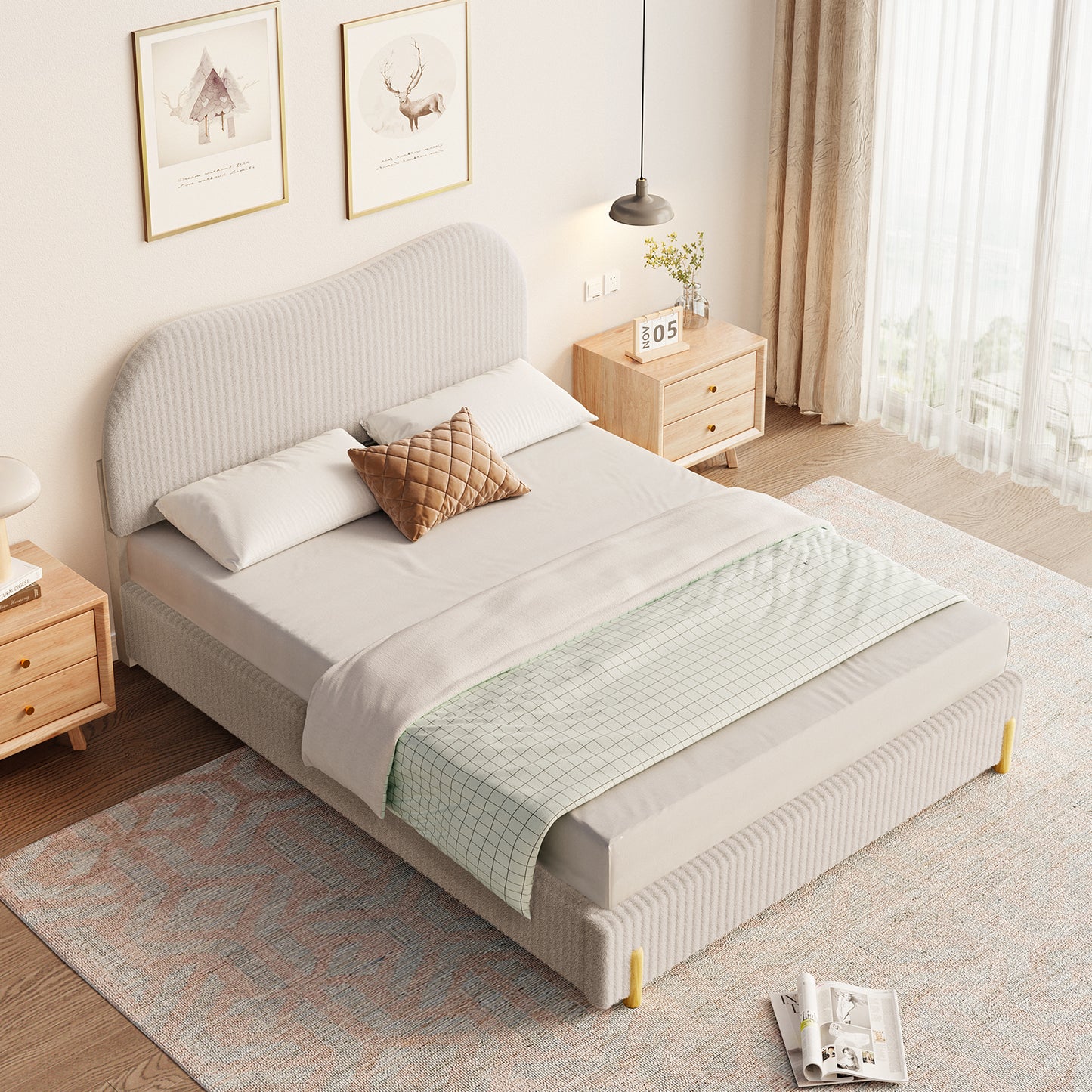 CHITOOMA Queen Bed Frame with Headboard, White Velvet Upholstered Platform Bed Frame Queen Size No Box Spring Needed, Noise-Free, Heavy Duty