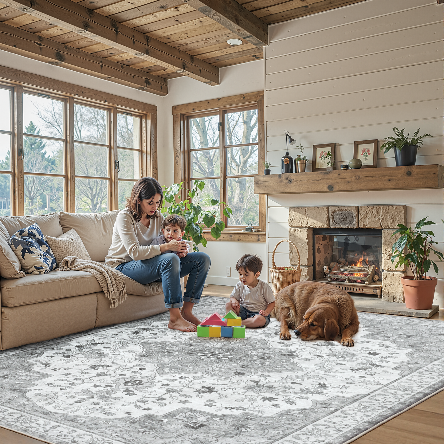 9'x12' Boho Area Rugs for Living Room, Machine Washable Area Rug with Non-Slip Backing, Stain Resistant Non-Shed Carpet for Bedroom, Dining Room, Dorm, Office