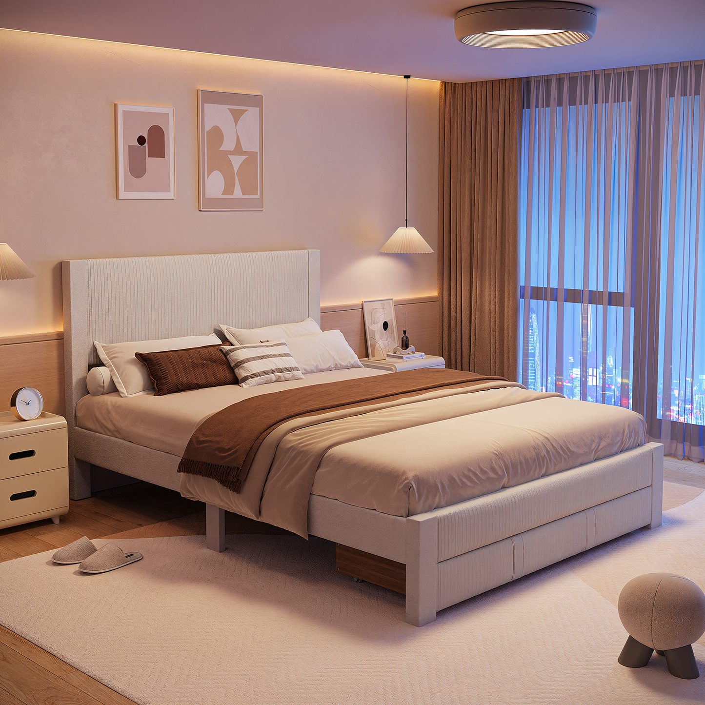 CHITOOMA Queen Bed Frame with Headboard, Velvet Upholstered Platform Bed Frame Queen Size with Storage Drawers, No Box Spring Needed, Heavy Duty, White