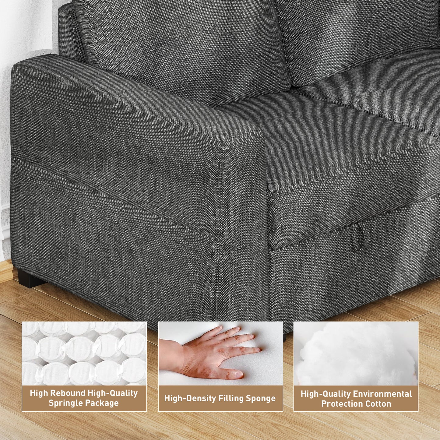 CHITOOMA 60'' Linen Pull Out Sofa Bed Convertible Sleeper Couch with Charging Port, Upholstered Sectional Sofa with 2 Pillows, Reclining Sofas for Living Room, Gray
