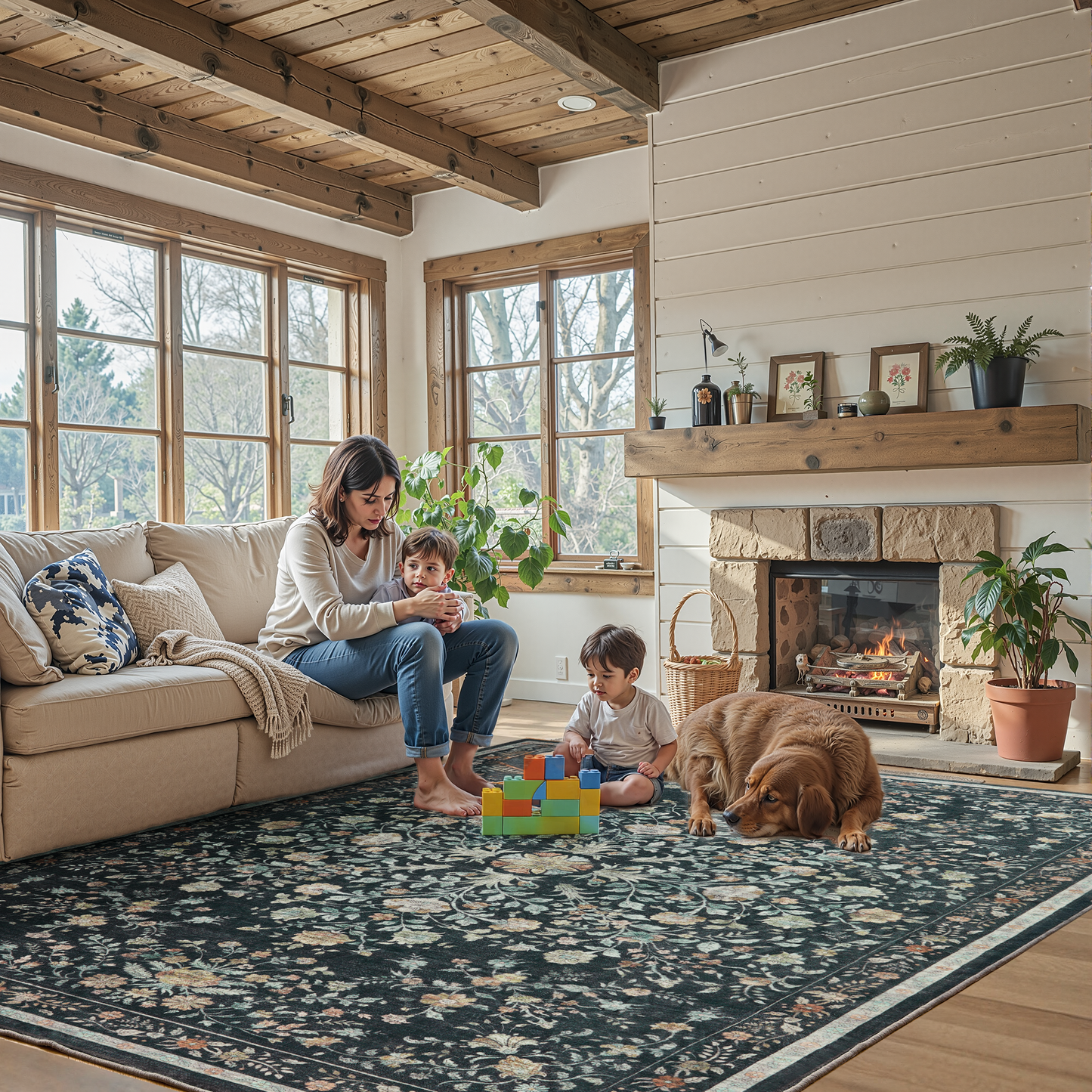 9'x12' Boho Area Rugs for Living Room, Machine Washable Area Rug with Non-Slip Backing, Stain Resistant Non-Shed Carpet for Bedroom, Dining Room, Dorm, Office