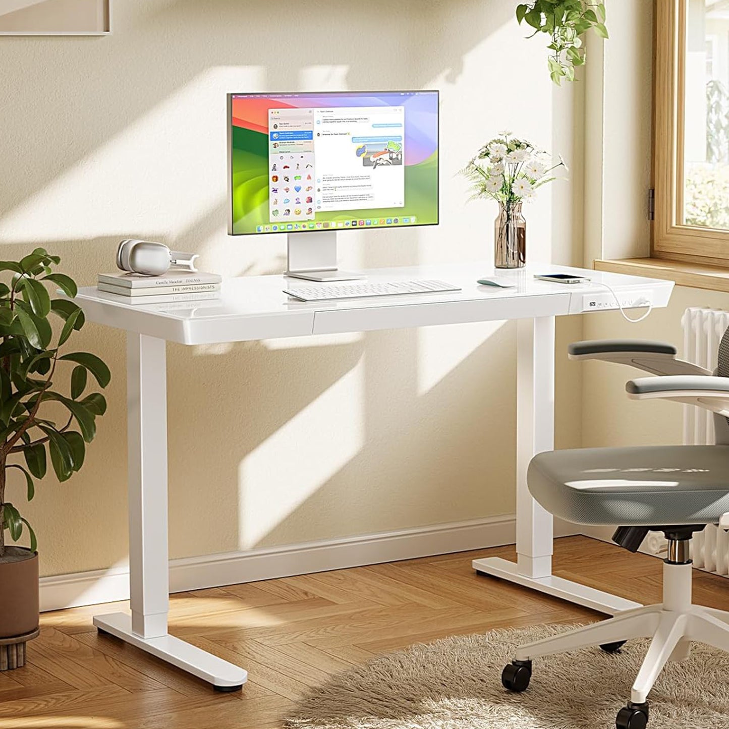 CHITOOMA 55" x 28" One Piece Glass Top Standing Desk with Drawer, Electric Height Adjustable Office Desk with USB Charging Ports, Sit to Stand Desk for Home