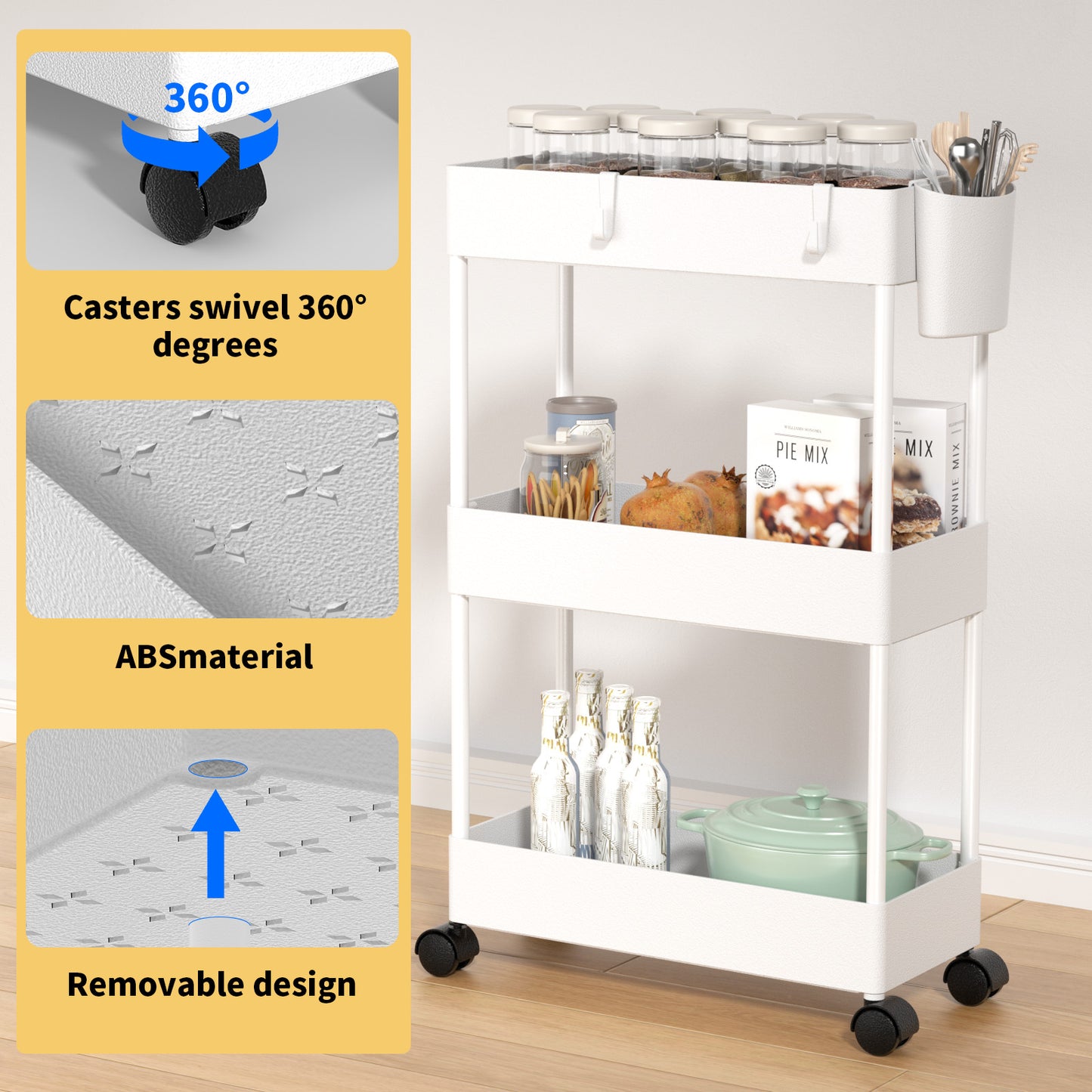 3 Tier Removable Slim Storage Cart with Wheels, Bathroom Cart Organizer Small, Rolling Cart for Bathroom, Kitchen, Narrow Space, White